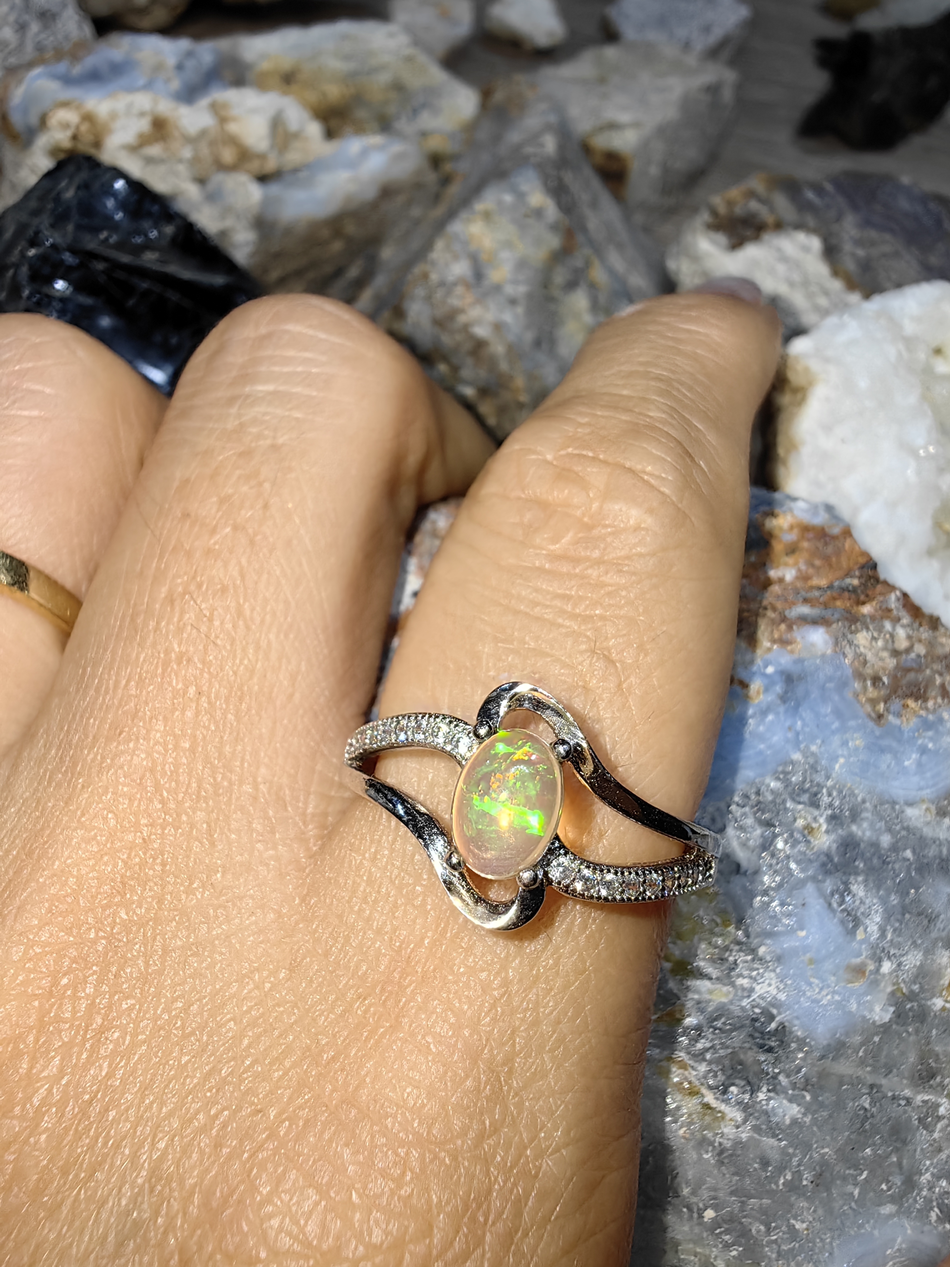 Opal, Swiss Diamond 925 Sterling Silver Ring แหวนโอปอ เพชรสวิส เงินแท้ 925 Size 56
