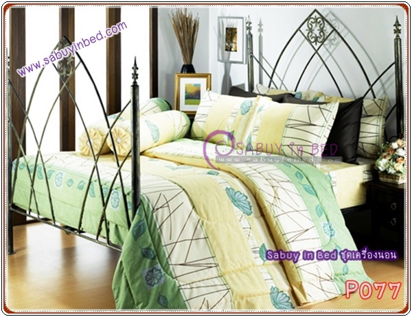 ชุดเครื่องนอน ผ้าปูที่นอน กันไรฝุ่น Satin ซาตินพรีเมียร์ ลาย P077 (เขียว เหลืองครีม)