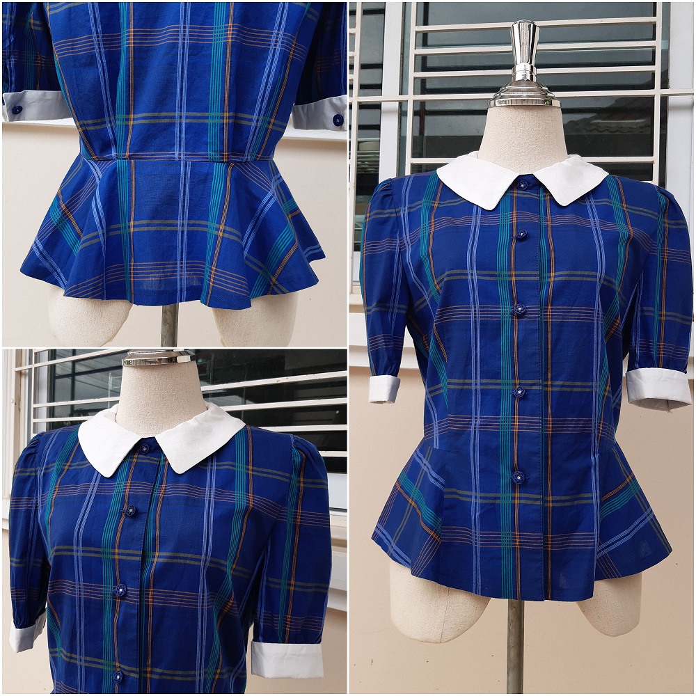 เสื้อเชิ้ตแขนสั้นคอบัวลายสก๊อต งานวินเทจญี่ปุ่น