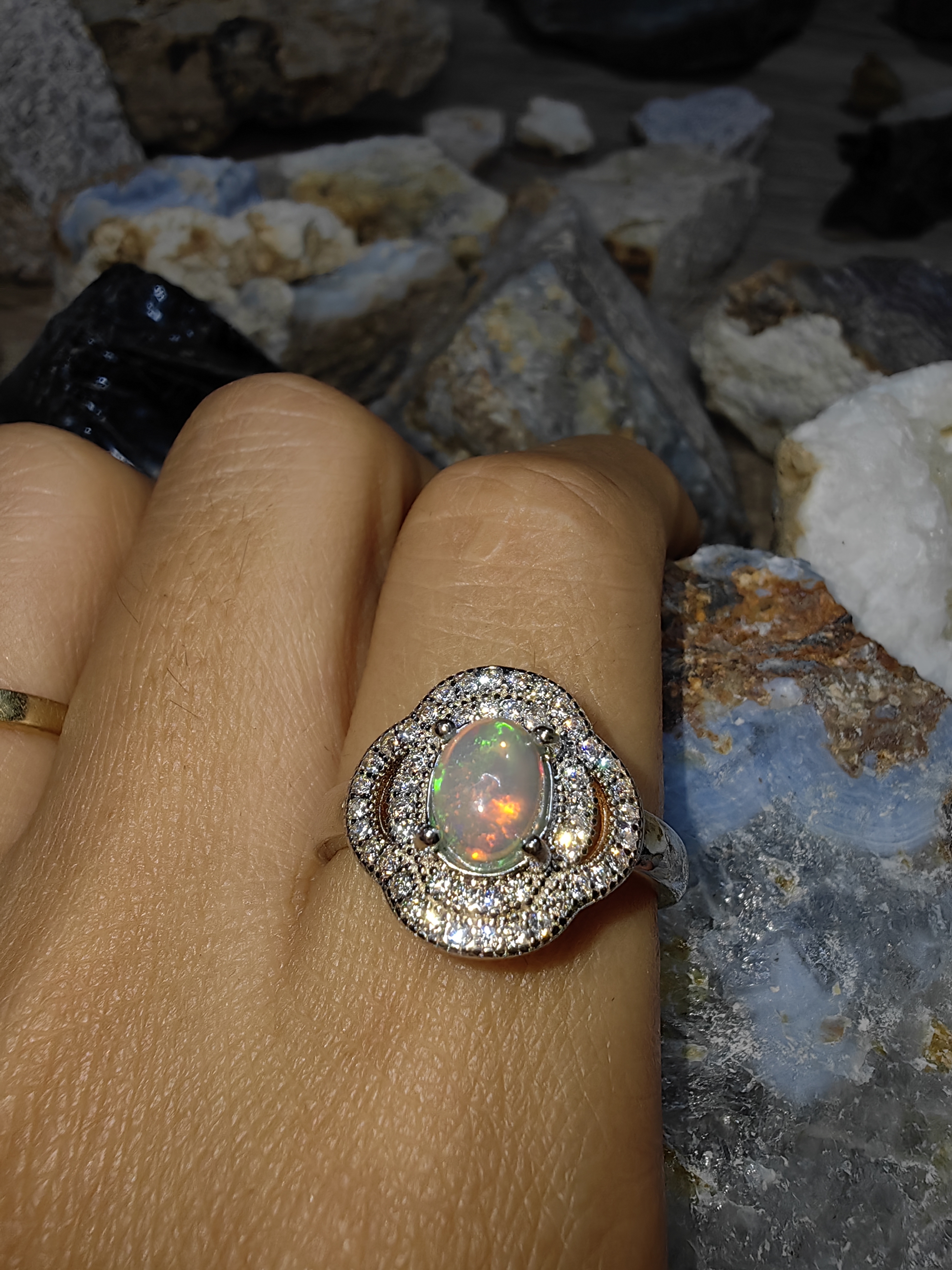 Opal, Swiss Diamond 925 Sterling Silver Ring แหวนโอปอ เพชรสวิส เงินแท้ 925 Size 56