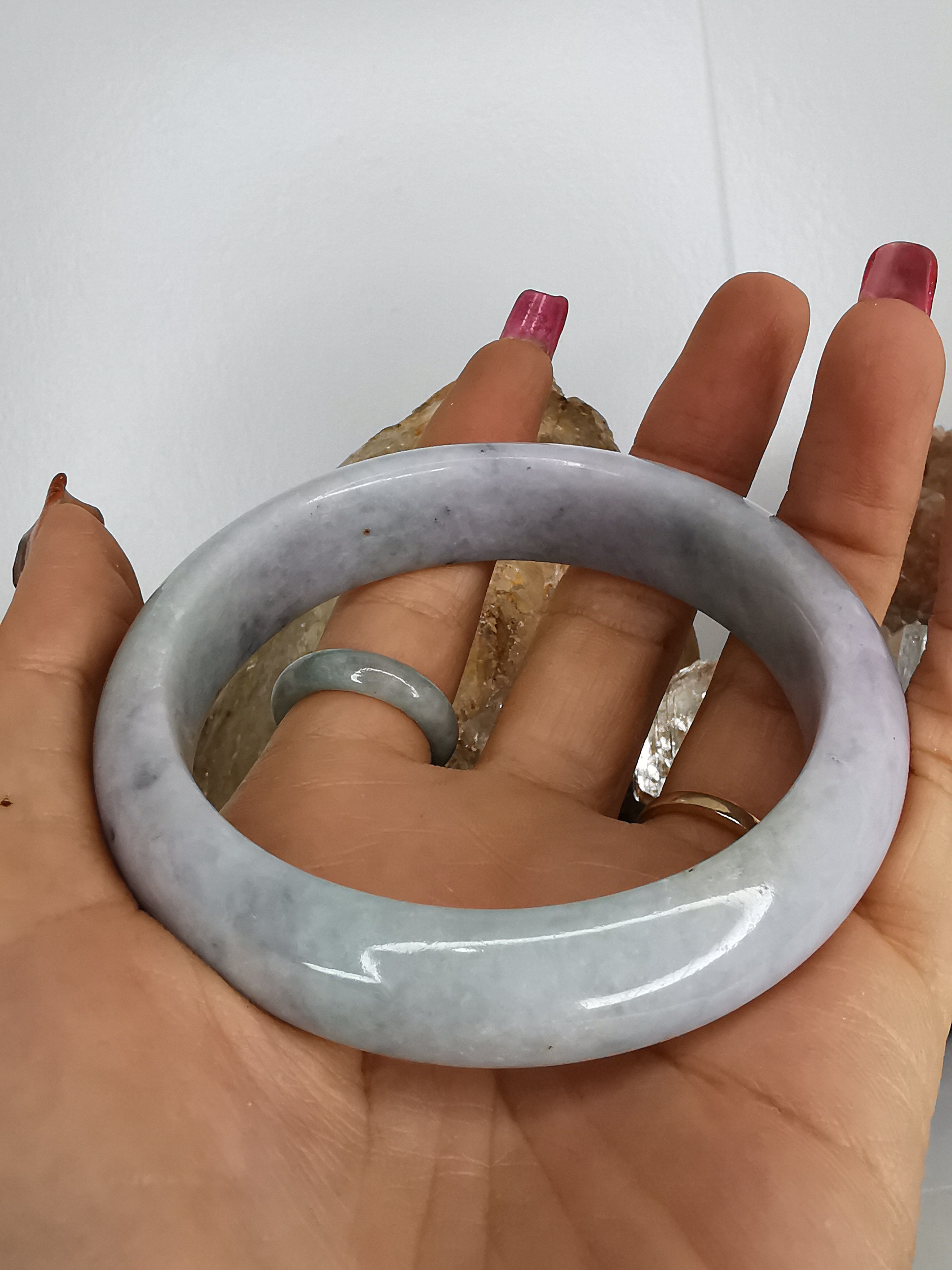 White Green Grey Bangle กำไลหยกเจไดต์แท้ Diameter/ เส้นผ่านศูนย์กลางด้านใน 63 mm.