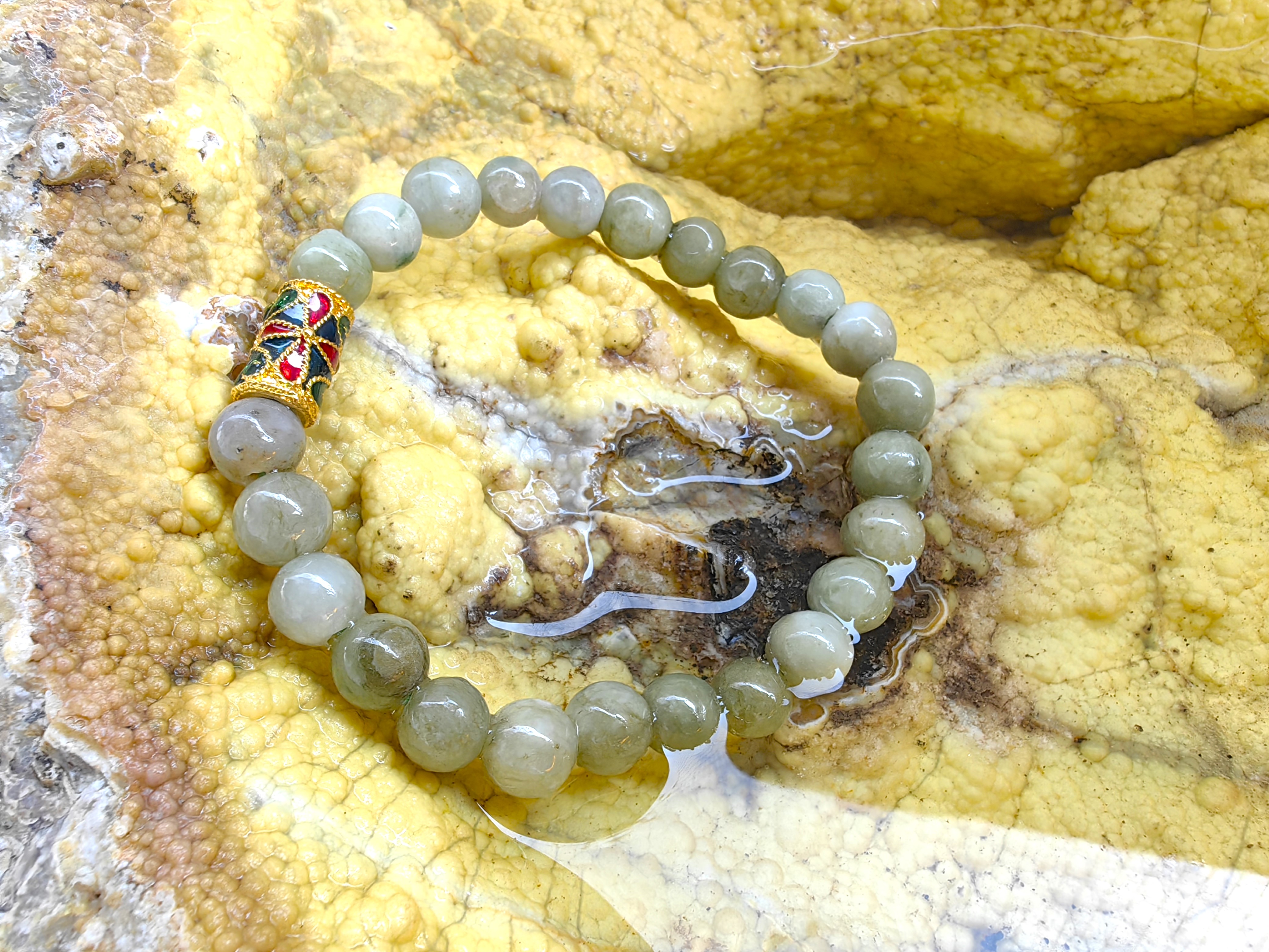 Burmese Jadeite Bracelets Thai Enamel Gold plated 8 mm. สร้อยข้อมือหยกพม่า ลงยาสุโขทัย กลม 8 มม. Free Size