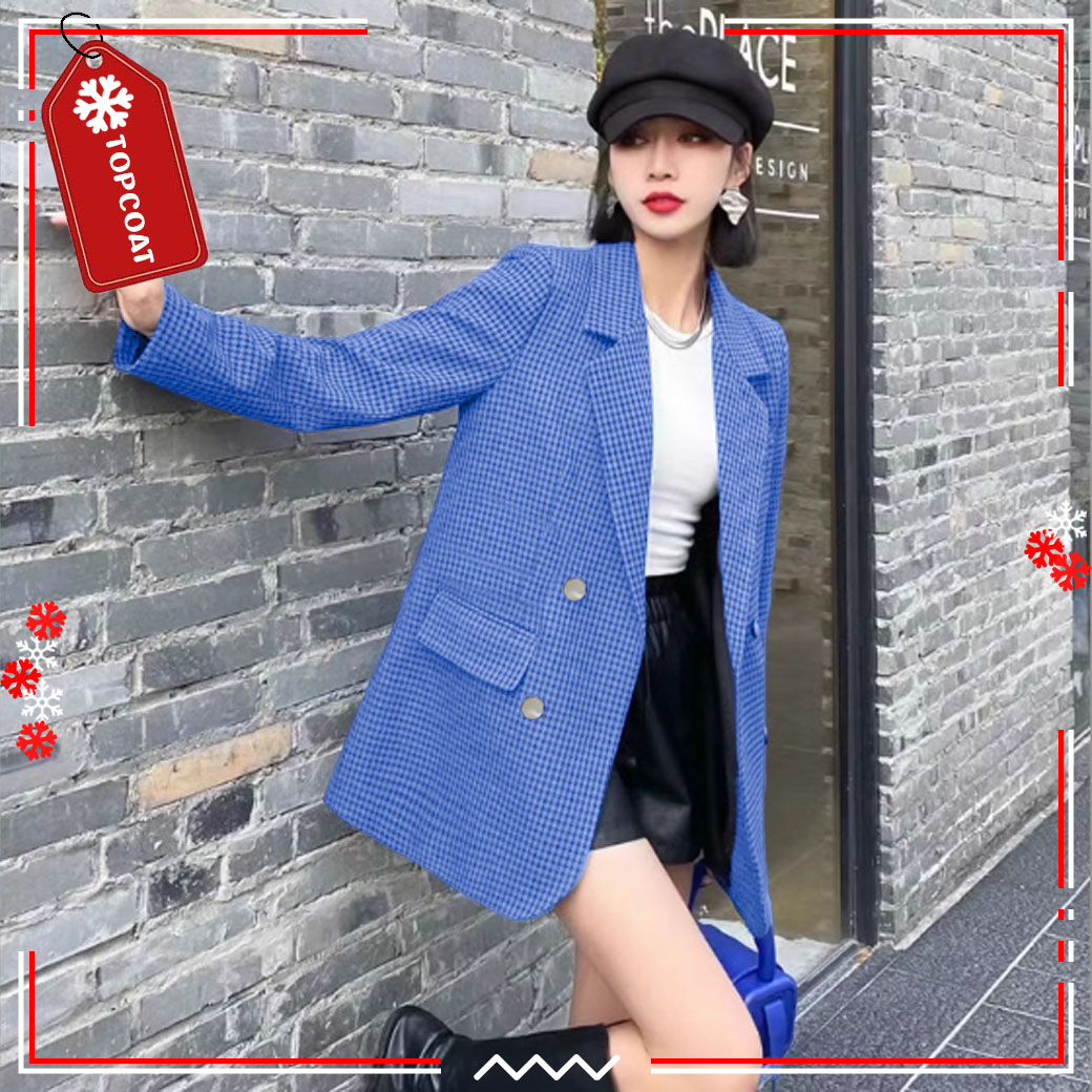 เสื้อสูทเบลเซอร์ผู้หญิงลายสก็อต ซับในทั้งตัว ฟ้าคราม น้ำตาล