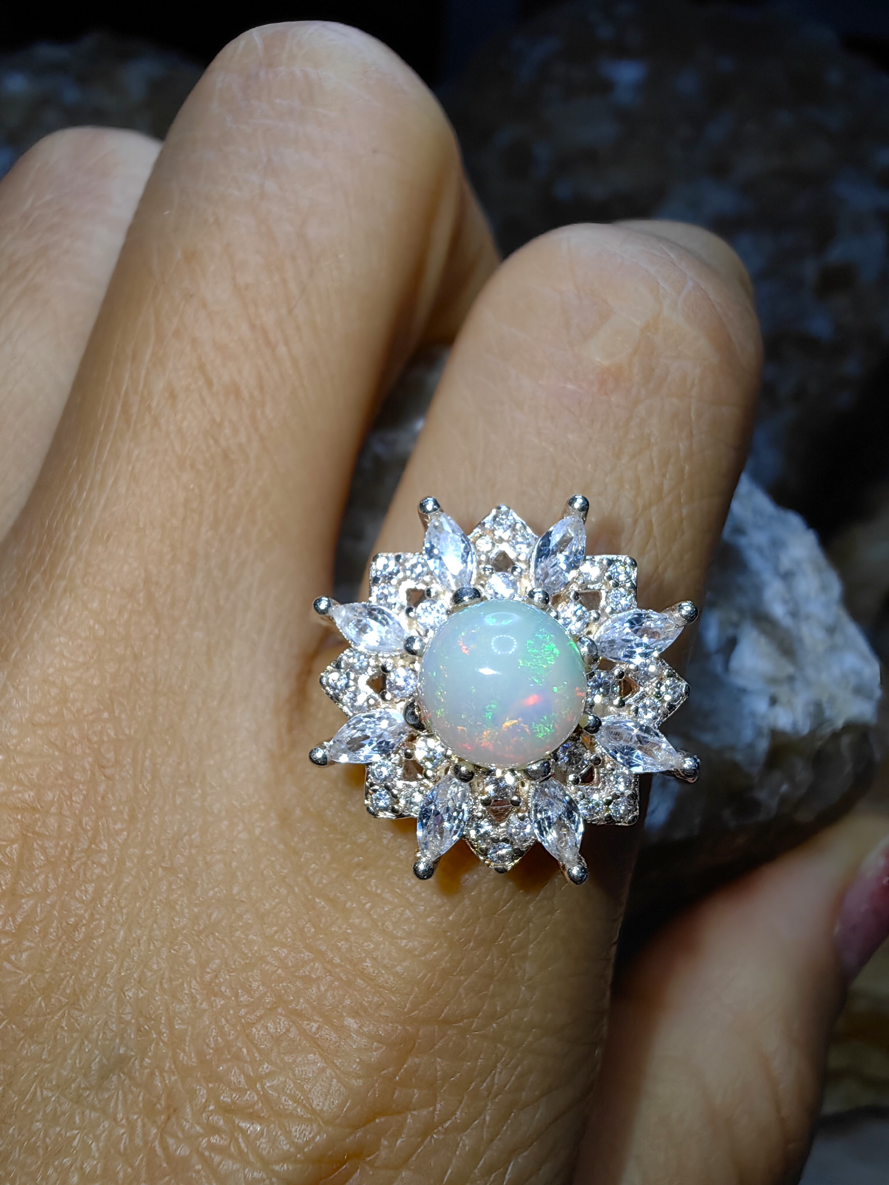 Opal, CZ 925 Sterling Silver Ring แหวนโอปอ เพชรCZ เงินแท้ 925 Size 56