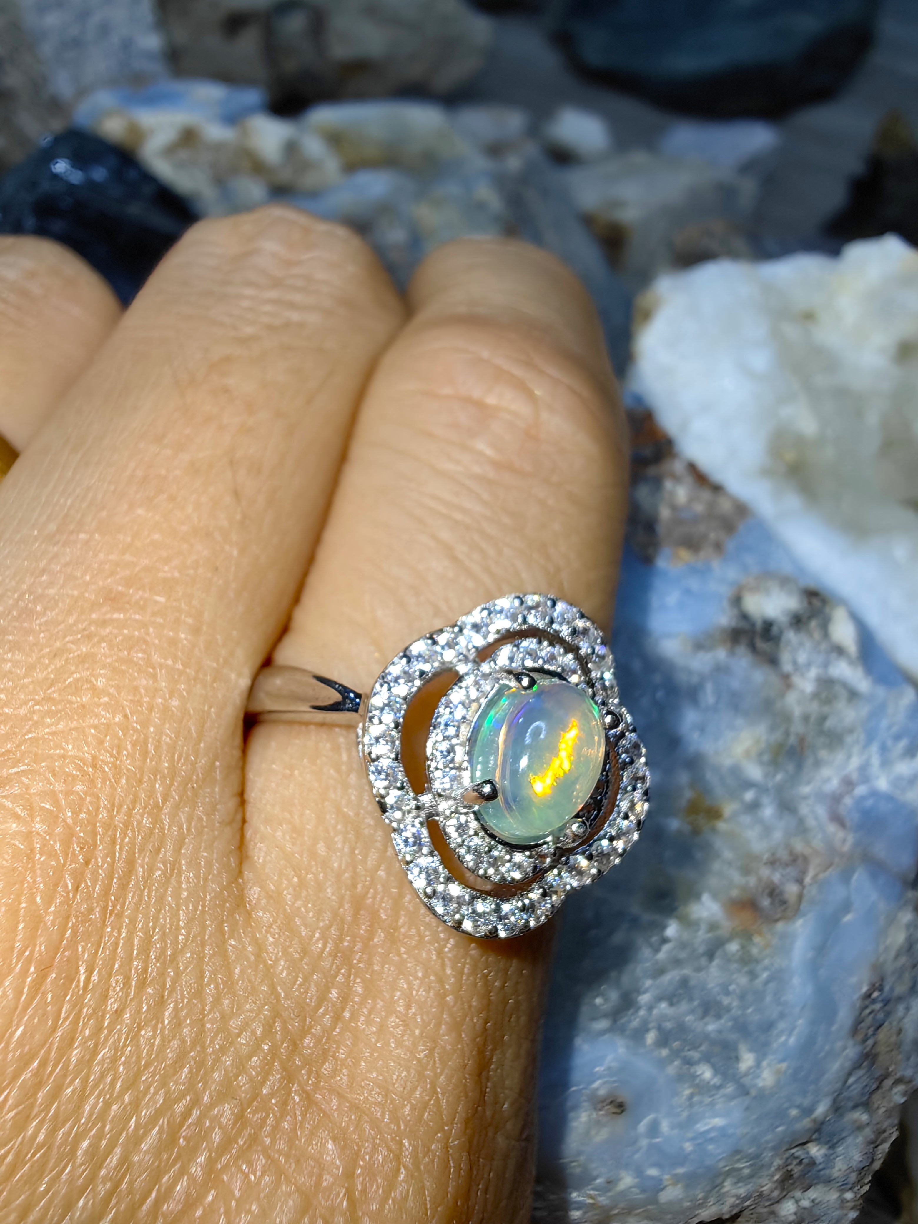 Opal 925 Sterling Silver Ring แหวนโอปอ เงินแท้ 925 Size 57