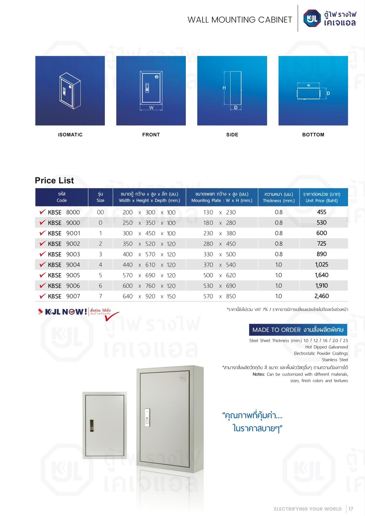 KJL ตู้เหล็กแบบบาง ตู้ไฟแบบบาง KBSE เบอร์ 00-07 ตู้ไฟมาตรฐาน แบบบาง ไม่มีบานเกร็ด IP20