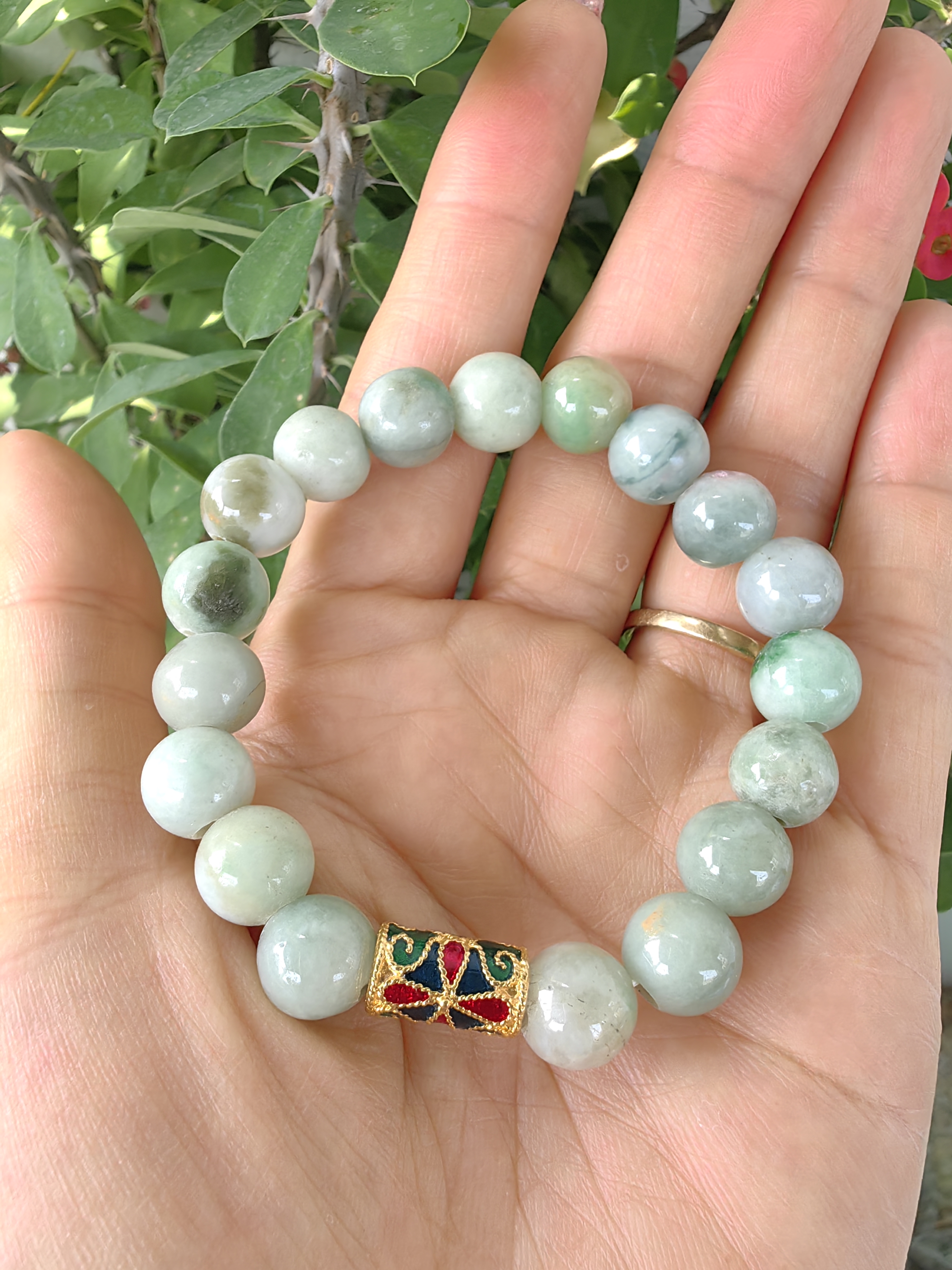 ฺBurmese Jadeite Bracelets Thai Enamel Gold plated 10 mm. สร้อยข้อมือหยกพม่า ลงยาสุโขทัย กลม 10 มม. Free Size