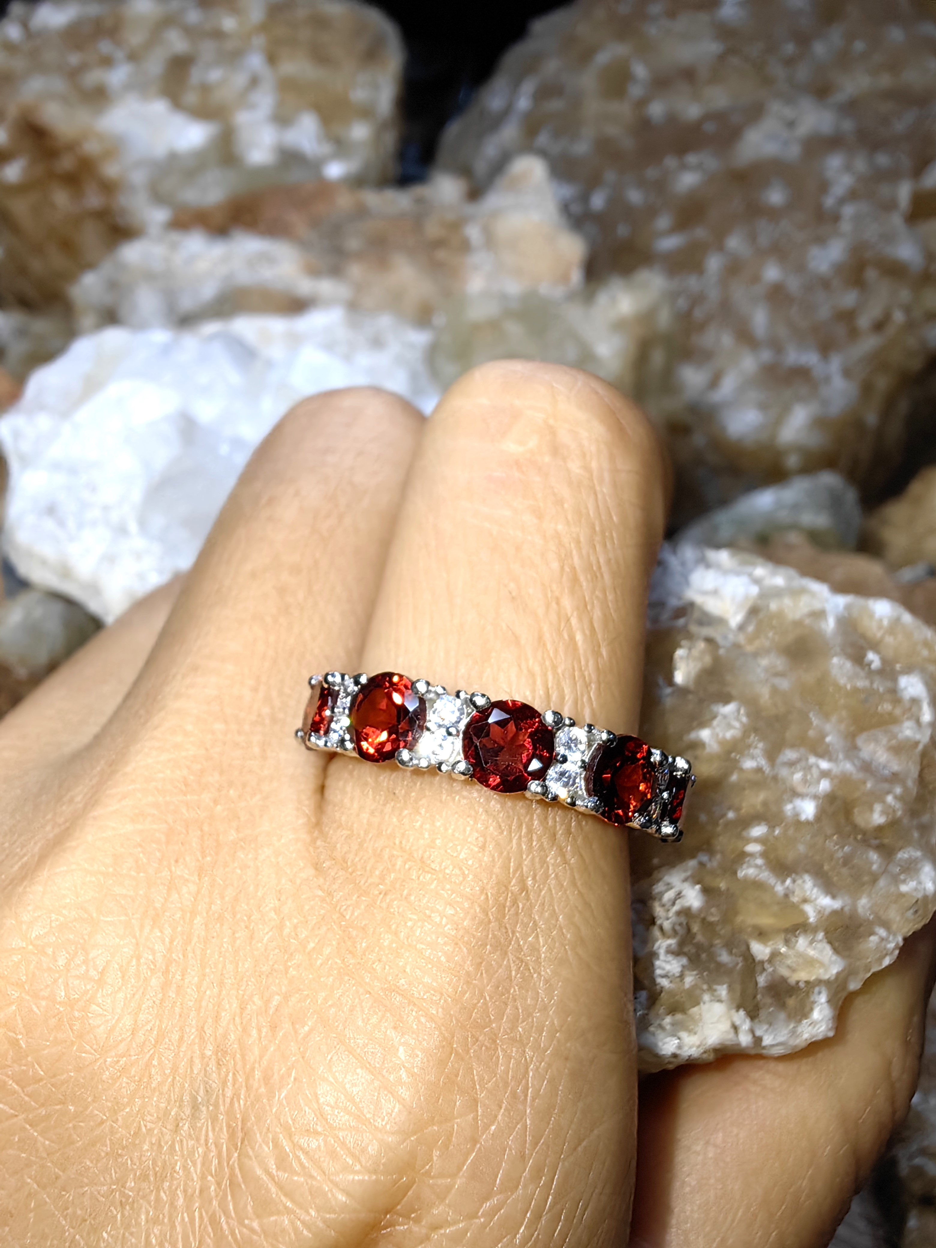 Garnet, CZ 925 Sterling Silver แหวนโกเมน ,เพชรCZ Size 57 เงินแท้ 925