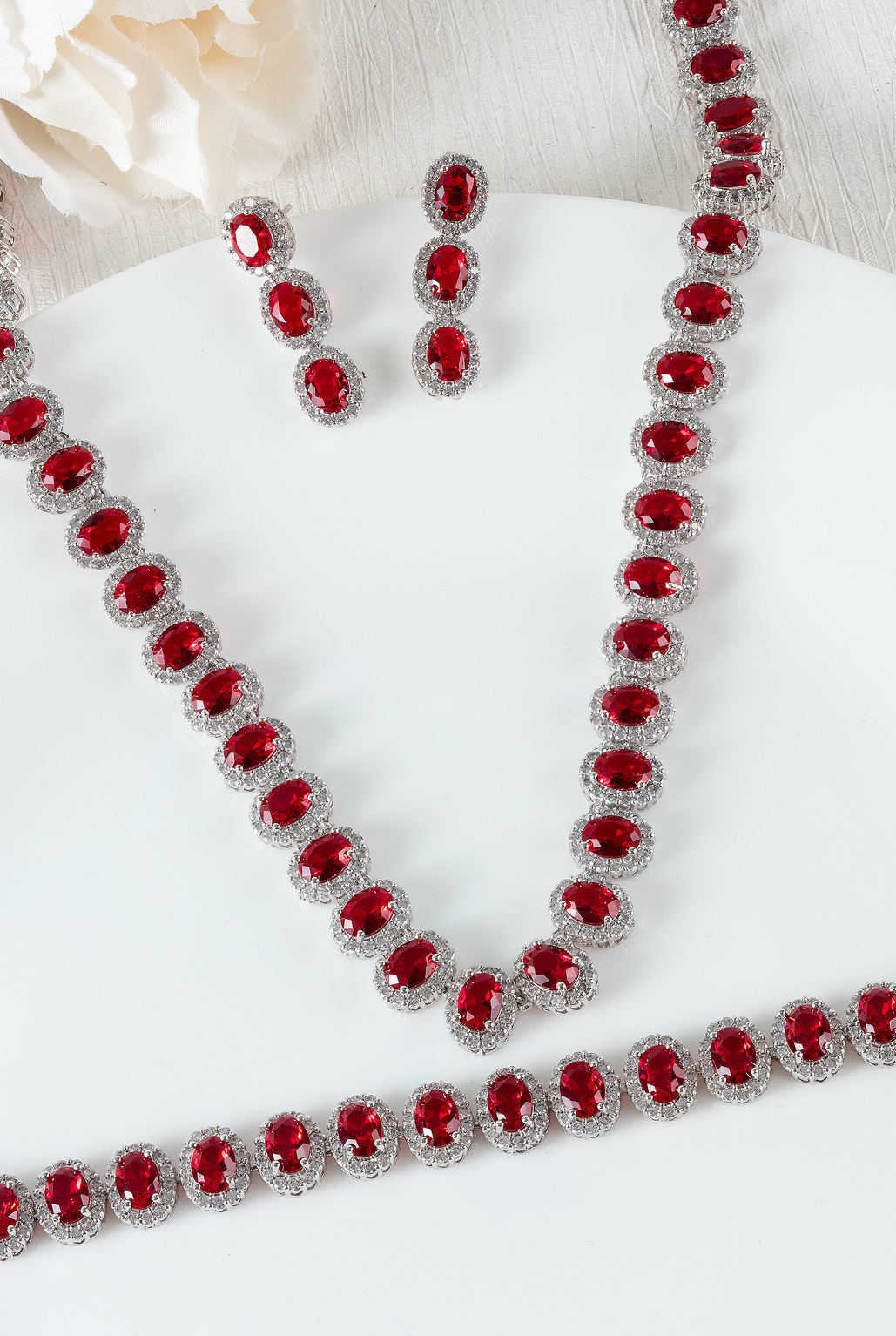 RUBY DIAMOND 18K WHITE GOLD NECKLACE EARRING BRACELETS สร้อยคอ ต่างหู สร้อยข้อมือ ทับทิม ล้อมเพชร ทอง 18K Pre-order
