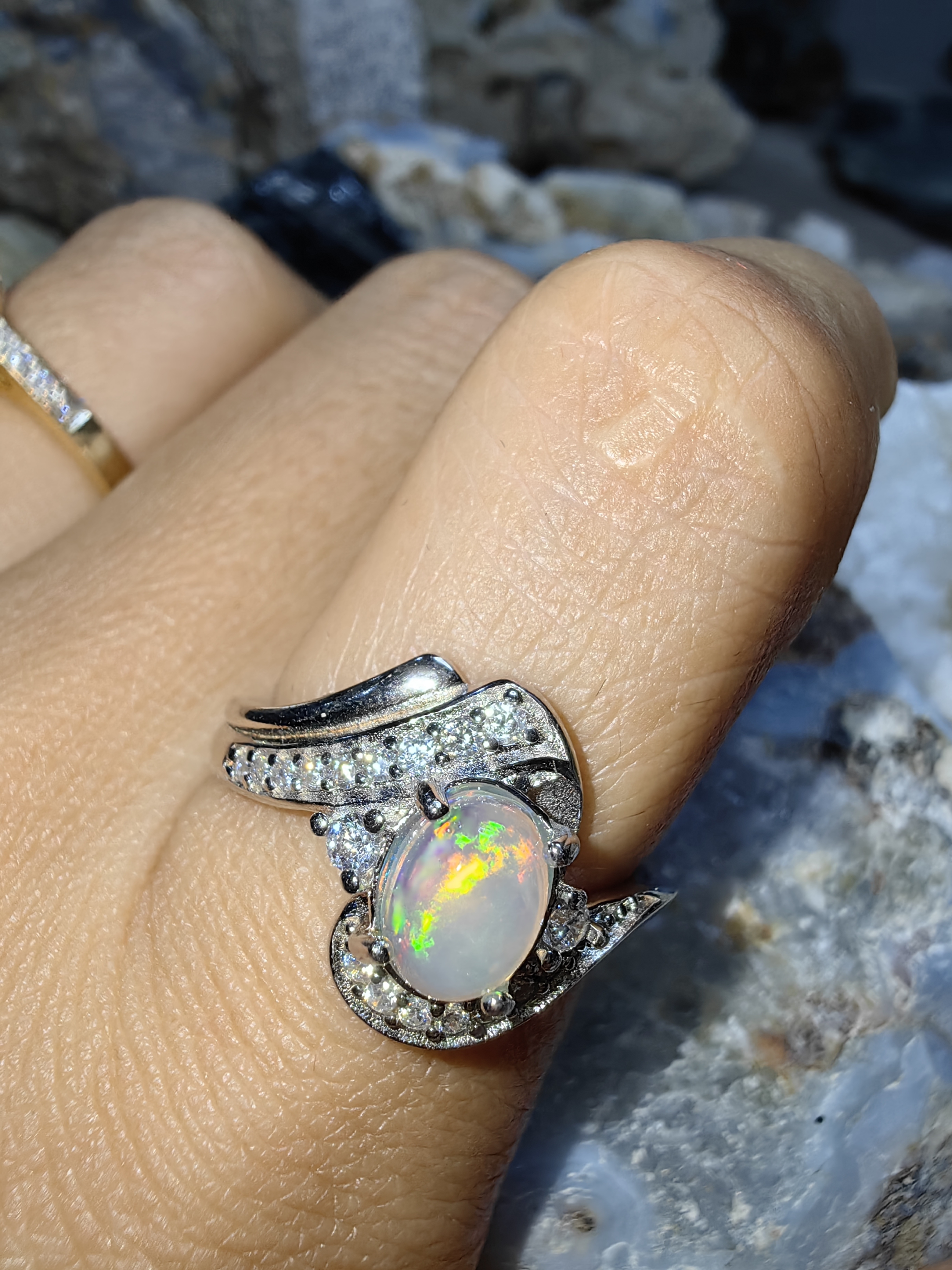 Opal, Swiss Diamond 925 Sterling Silver Ring แหวนโอปอ เพชรสวิส เงินแท้ 925 Size 54