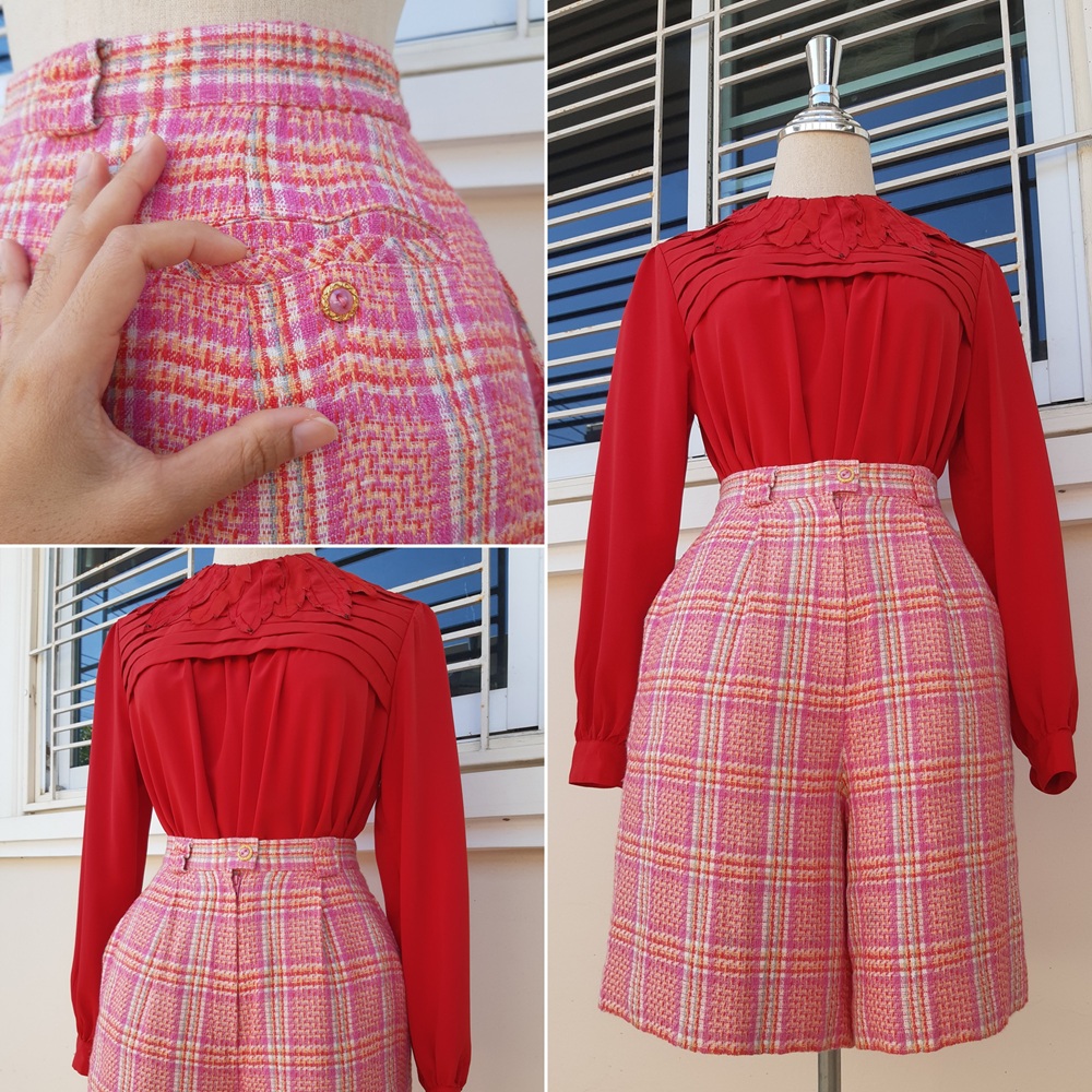 กางเกงวินเทจเอวสูงสีชมพูลายสก๊อต (Vintage pants)