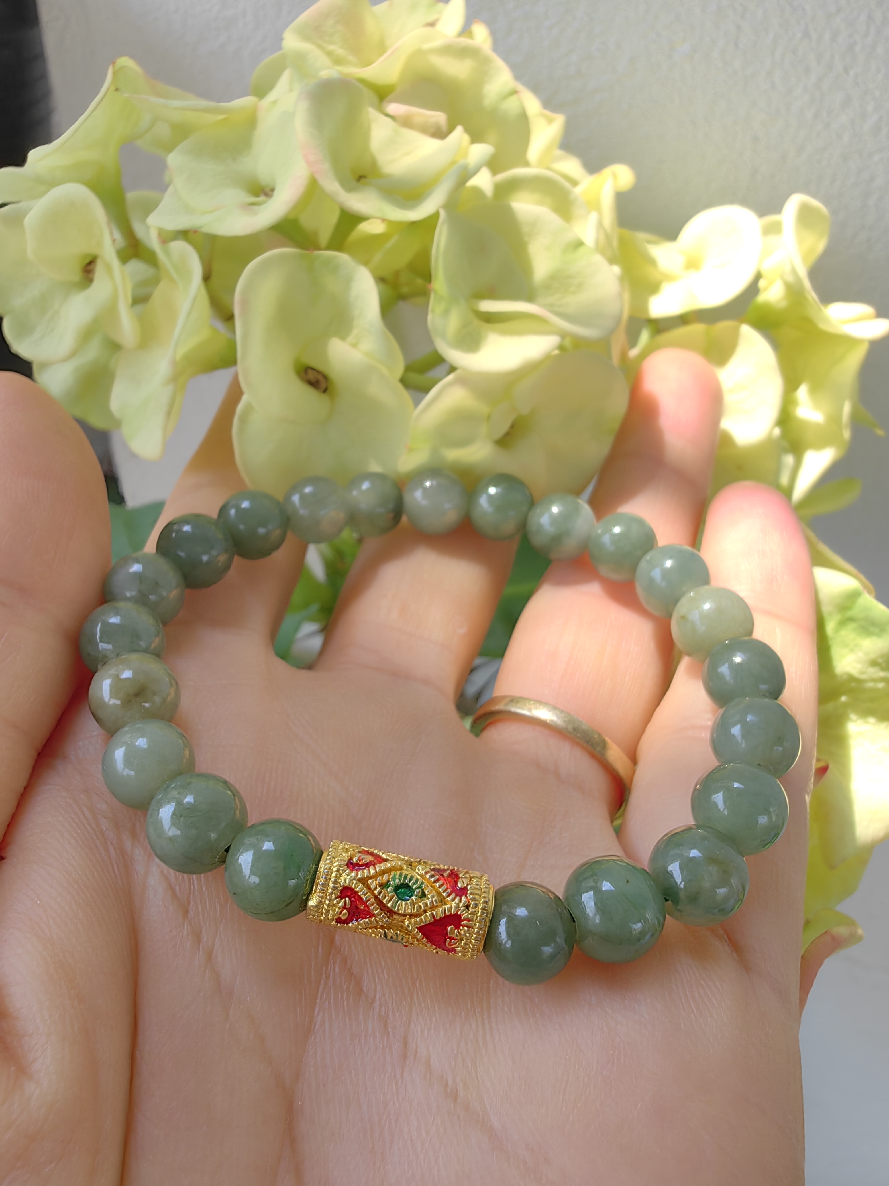 Burmese Jadeite Bracelets Thai Enamel Gold plated 7 mm. สร้อยข้อมือหยกพม่า ลงยาสุโขทัย กลม 7 มม. Free Size