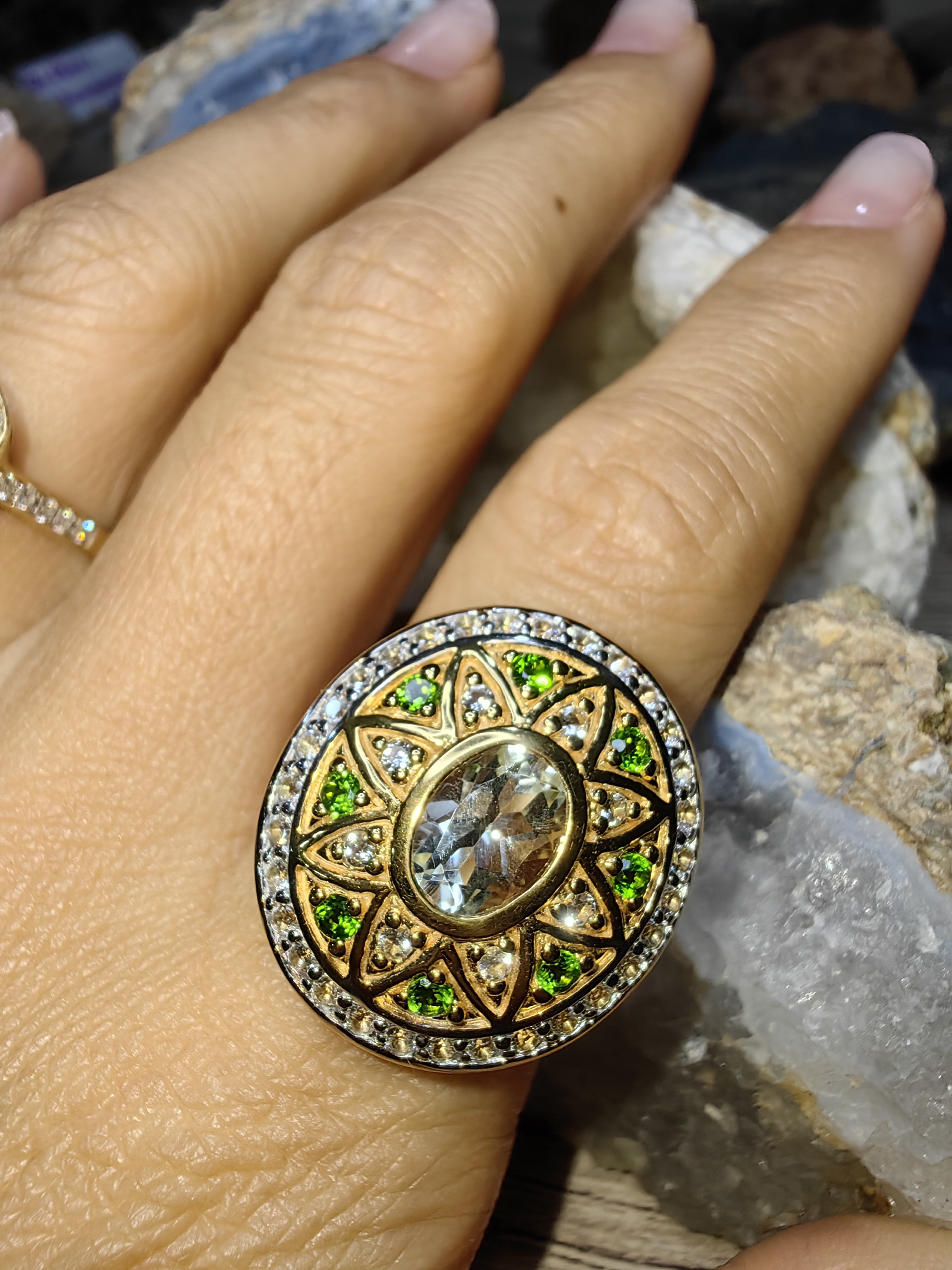 BLUE TOPAZ TSAVORITE WHITE TOPAZ RING 925 SILVER