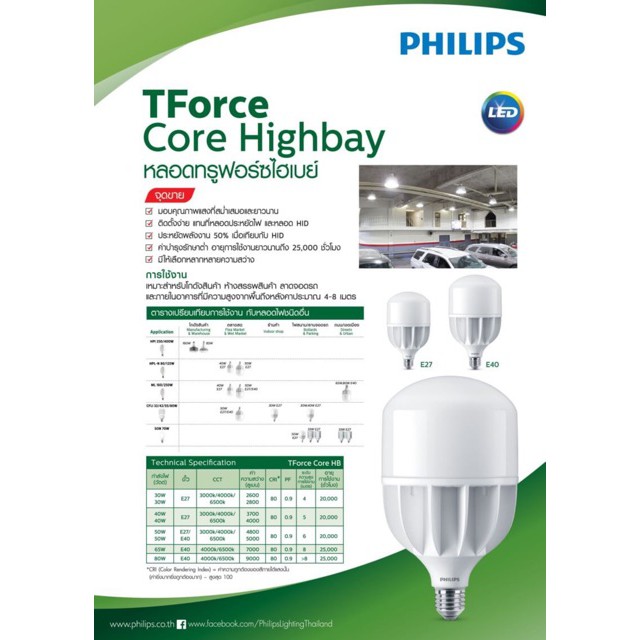 Philips หลอดแอลอีดี LED แสงขาว หลอดไฟฟิลิปส์ ทรูฟอร์ช 40W 6500K TrueForce Highbay LED 1หลอด ยี่ห้อ Philips(ฟิลิปส์)