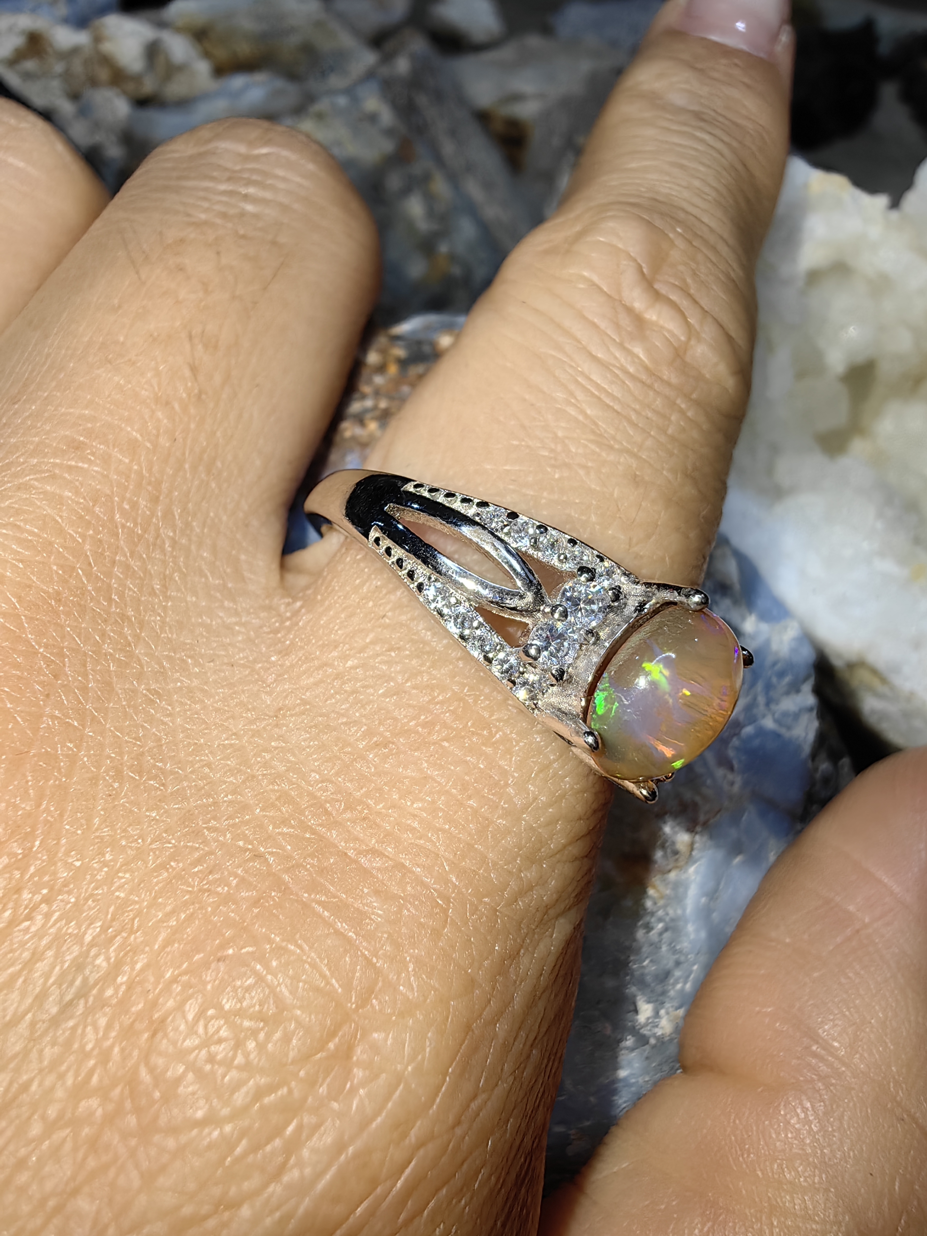 Opal, Swiss Diamond 925 Sterling Silver Ring แหวนโอปอ เพชรสวิส เงินแท้ 925 Size 60