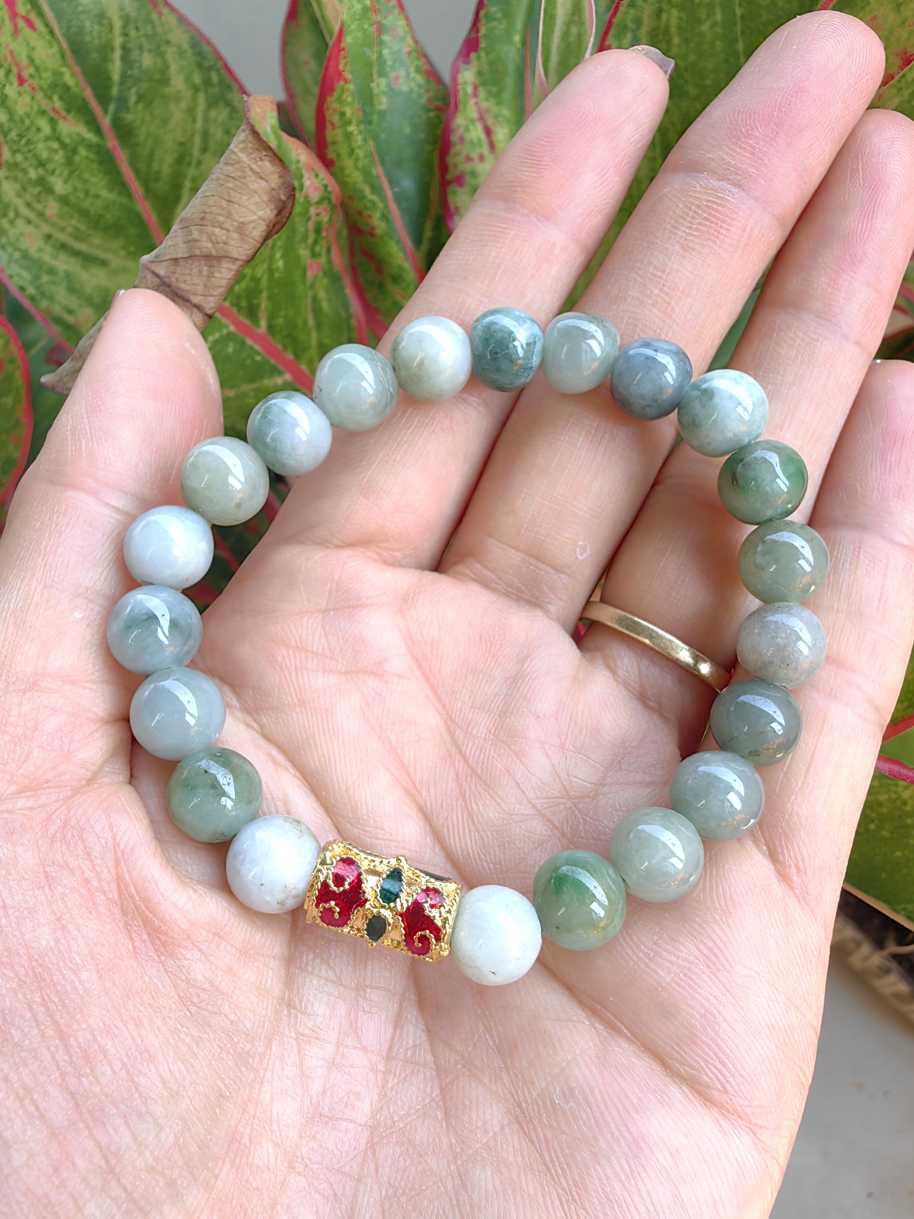Burmese Jadeite Bracelets Thai Enamel Gold plated 9 mm. สร้อยข้อมือหยกพม่า ลงยาสุโขทัย กลม 9 มม. Free Size