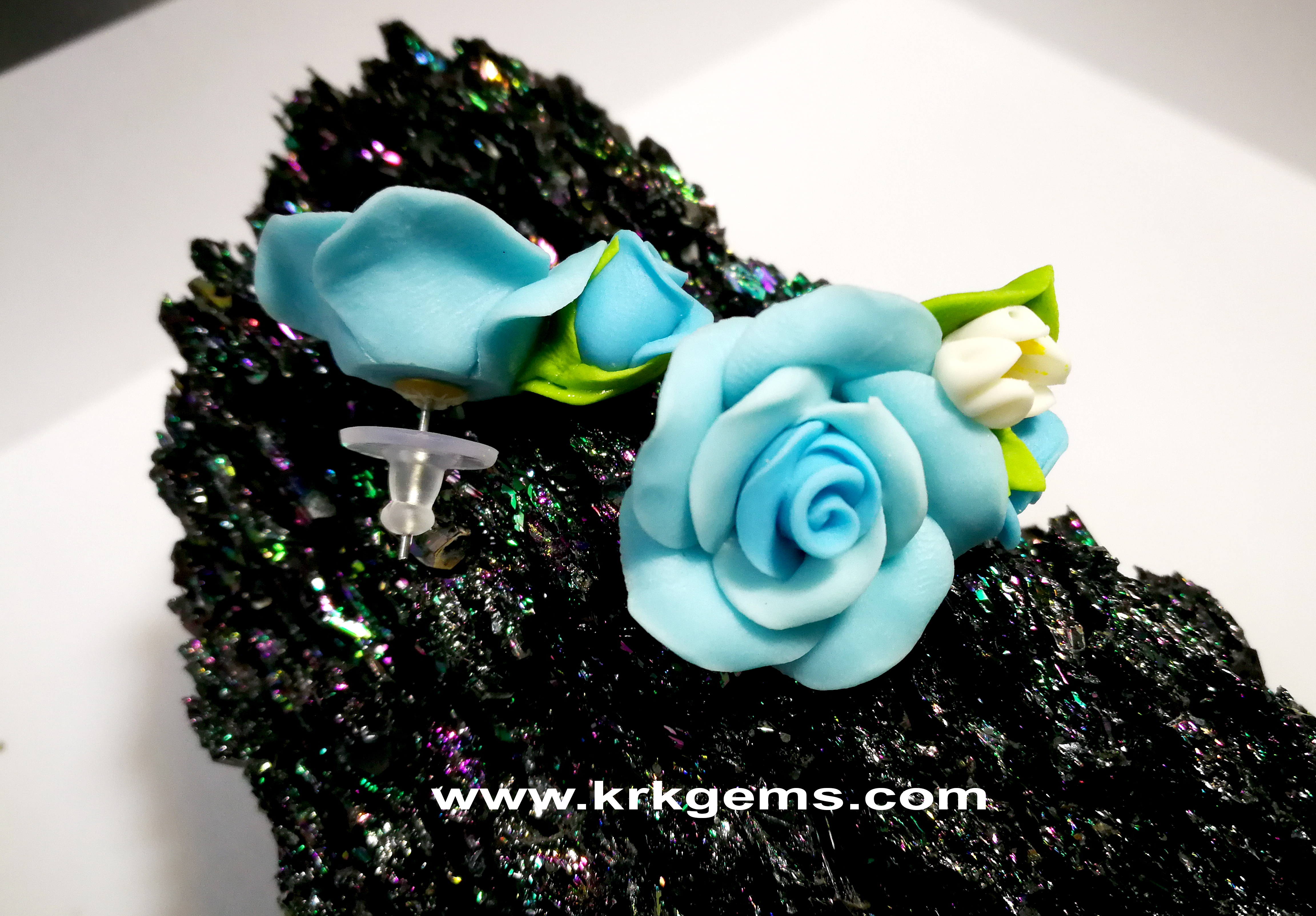 PASTEL BLUE ROSE HANDMADE CLAY NECKLACE BRACELET EARRING RING