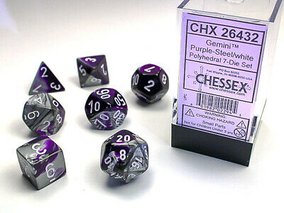 [ลูกเต๋า] Chessex: CHX26432 7 Die Polyhedral Purple Steel White