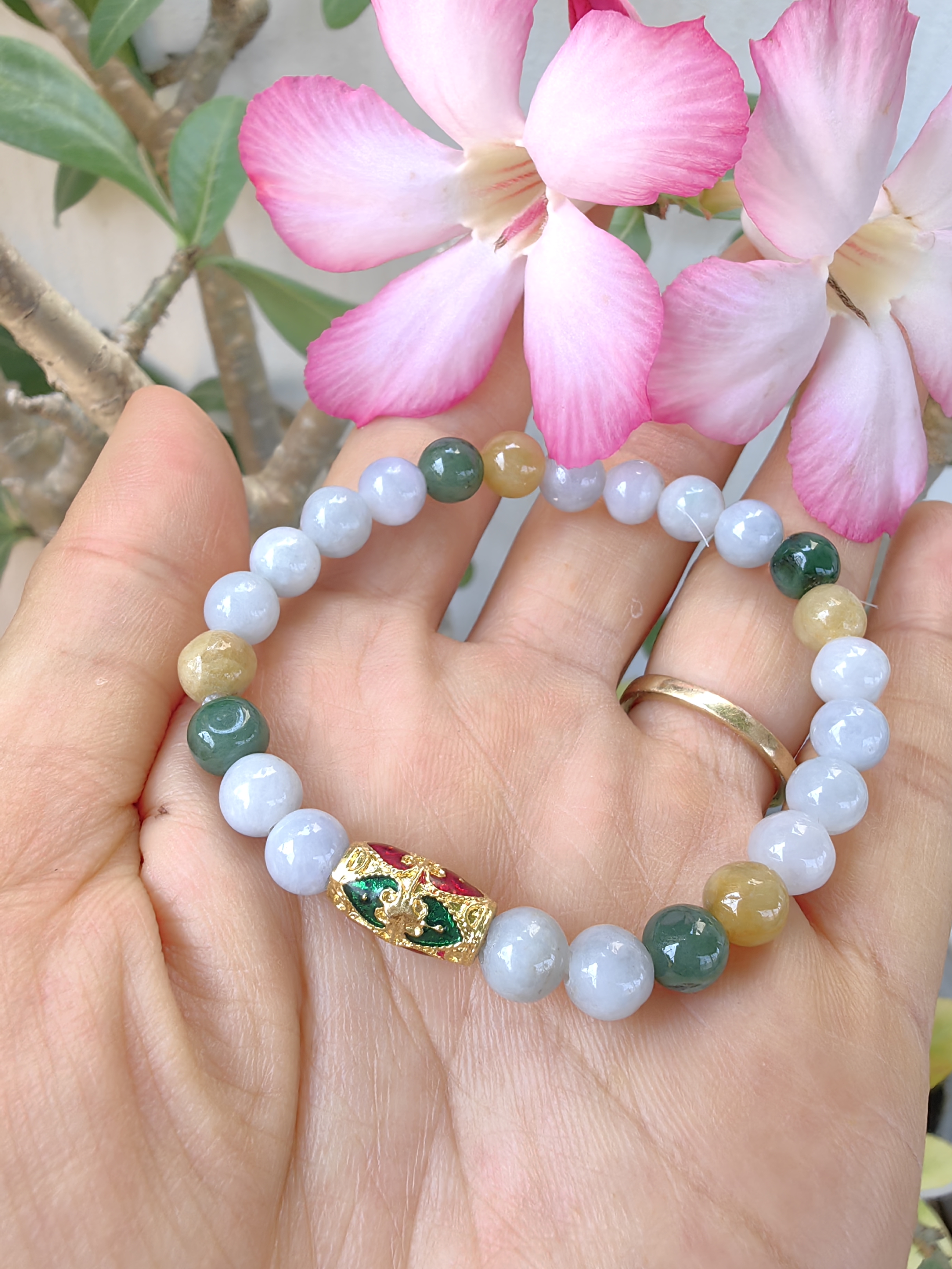 Burmese Jadeite Bracelets Thai Enamel Gold plated 7 mm. สร้อยข้อมือหยกพม่า ลงยาสุโขทัย กลม 7 มม. Free Size