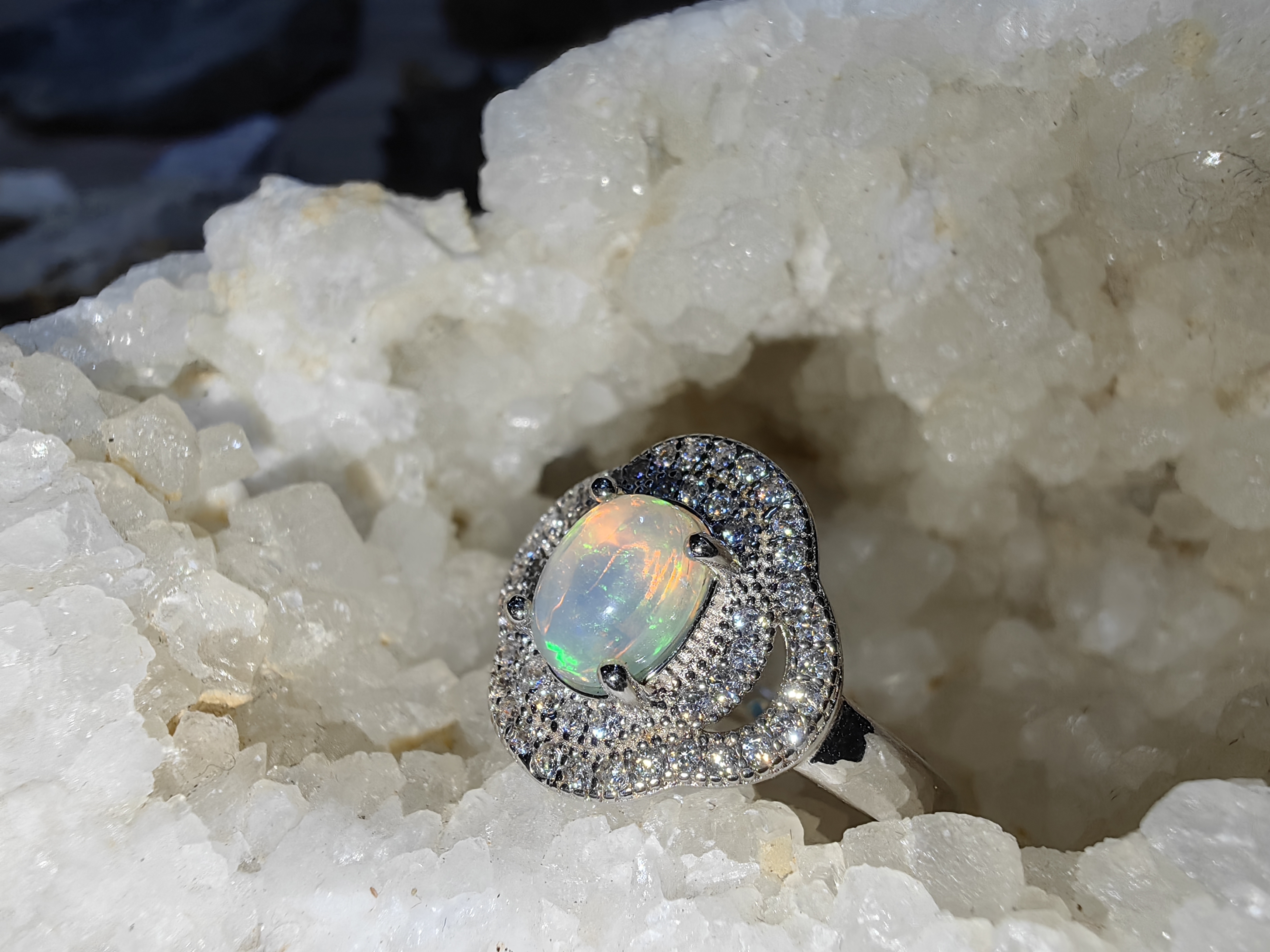 Opal, Swiss Diamond 925 Sterling Silver Ring แหวนโอปอ เพชรสวิส เงินแท้ 925 Size 56