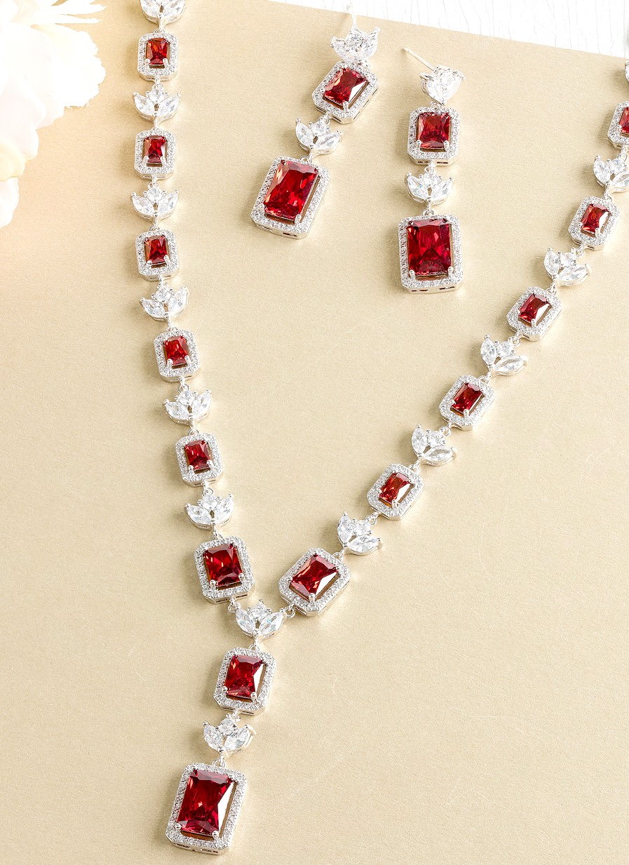 RUBY DIAMOND JEWELRY 18K WHITE GOLD NECKLACE EARRING สร้อยคอ ต่างหู ทับทิม ล้อมเพชร ทอง 18K Pre-order