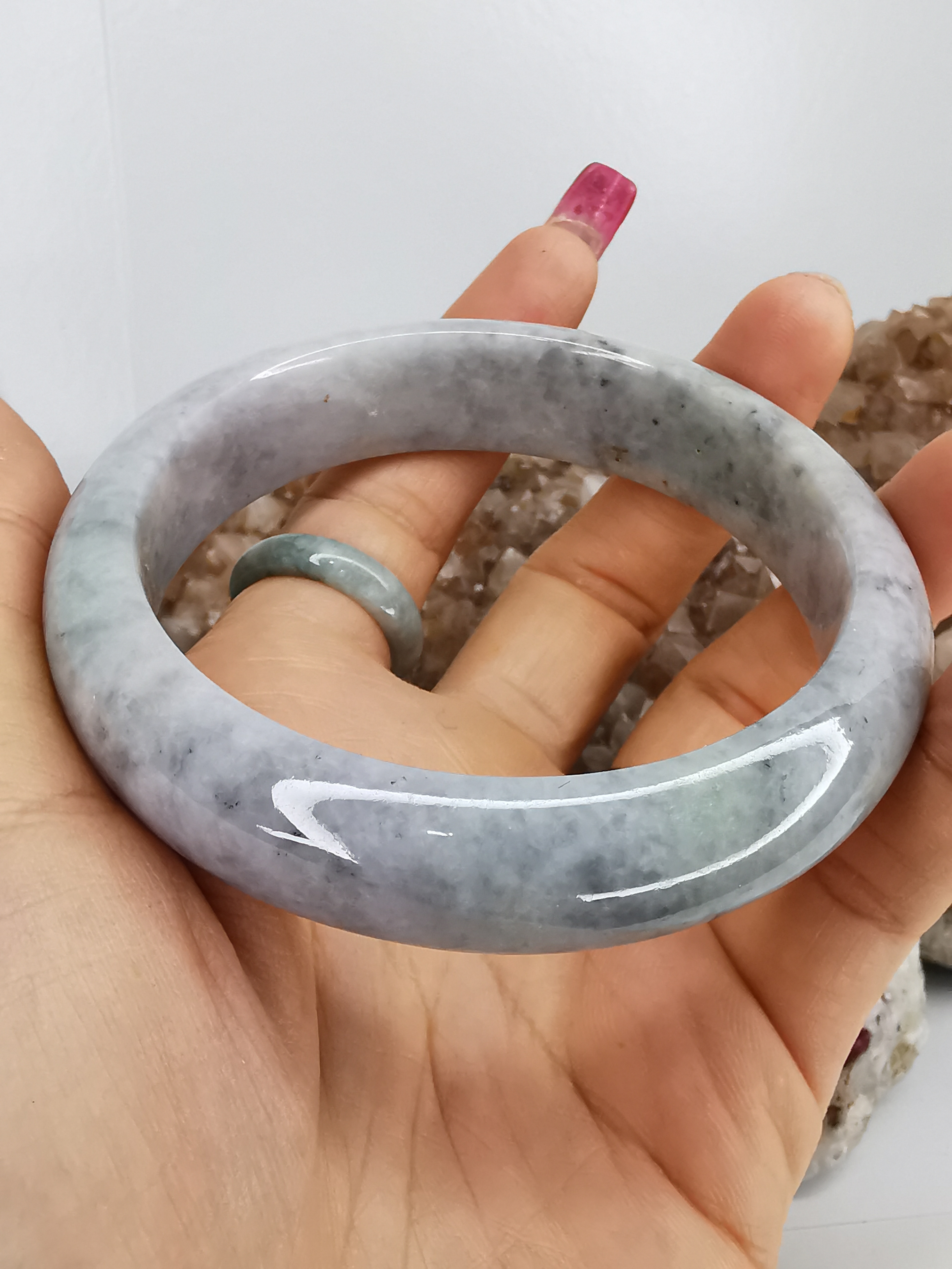 White Green Grey Blue Bangle กำไลหยกเจไดต์แท้ Diameter/ เส้นผ่านศูนย์กลางด้านใน 63 mm.