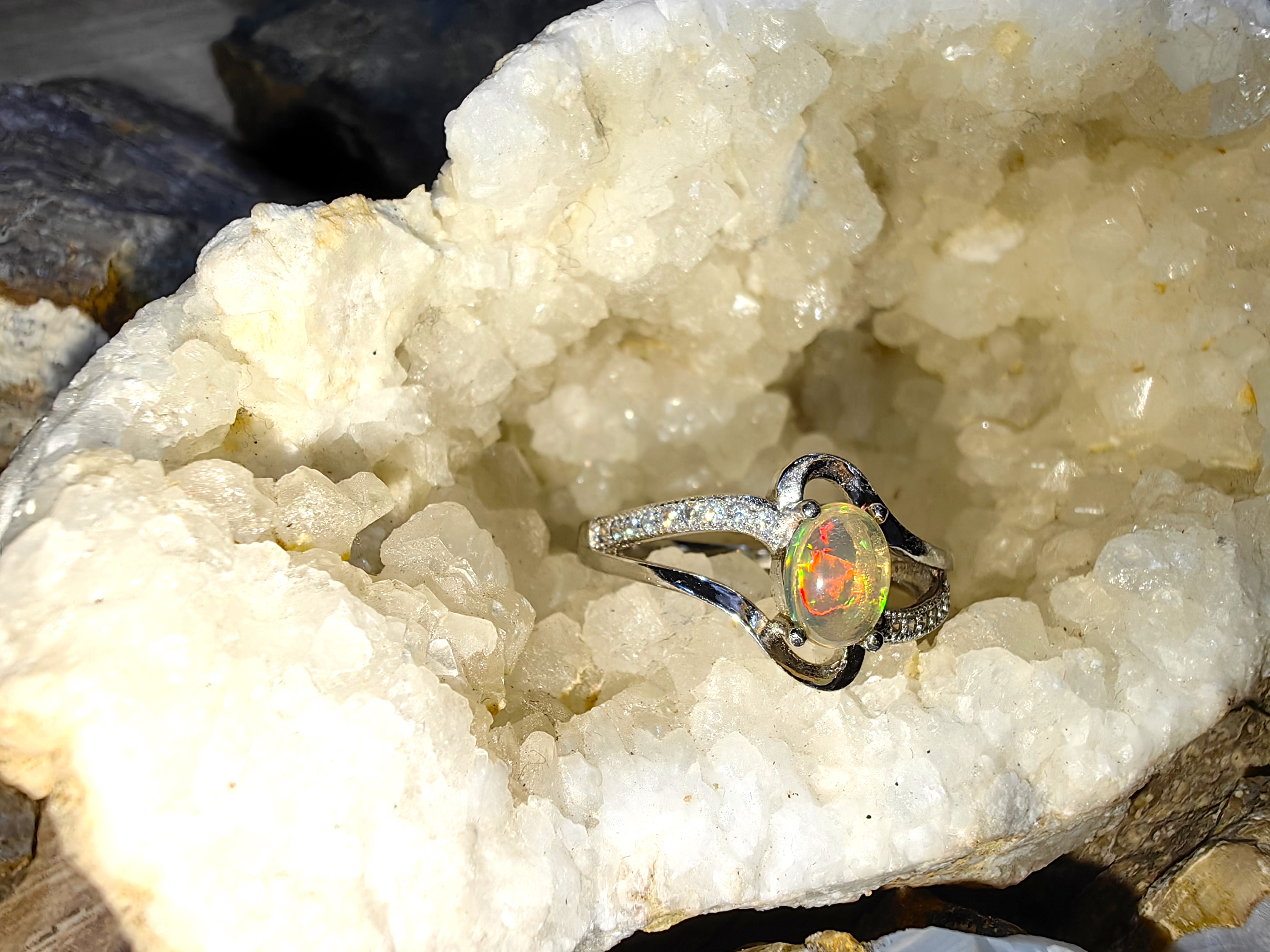 Opal, Swiss Diamond 925 Sterling Silver Ring แหวนโอปอ เพชรสวิส เงินแท้ 925 Size 56