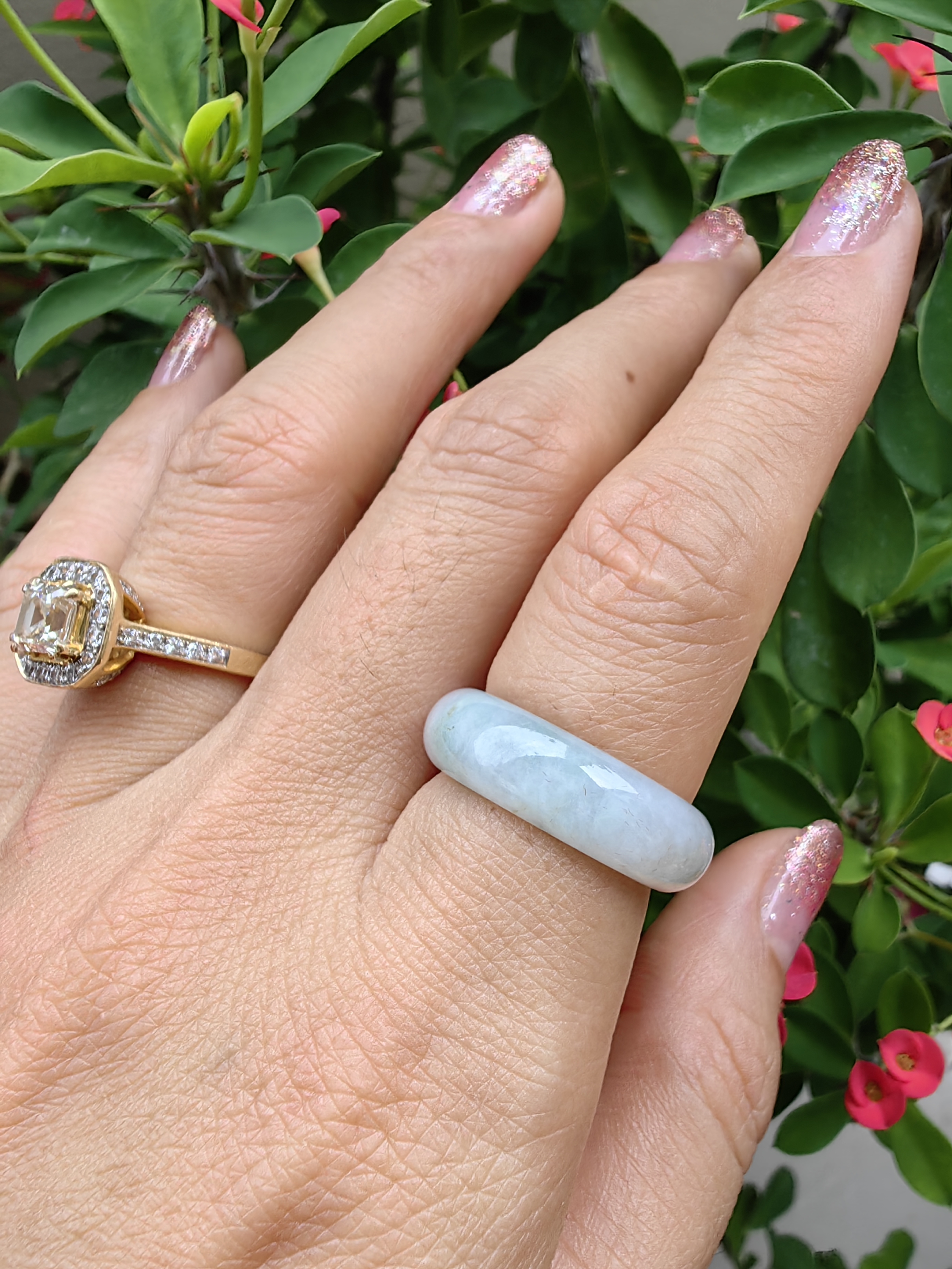 White- Light Green Burmese Jadeite Ring Mix Size แหวนหยกเจไดต์พม่า ขาว รวมไซส์