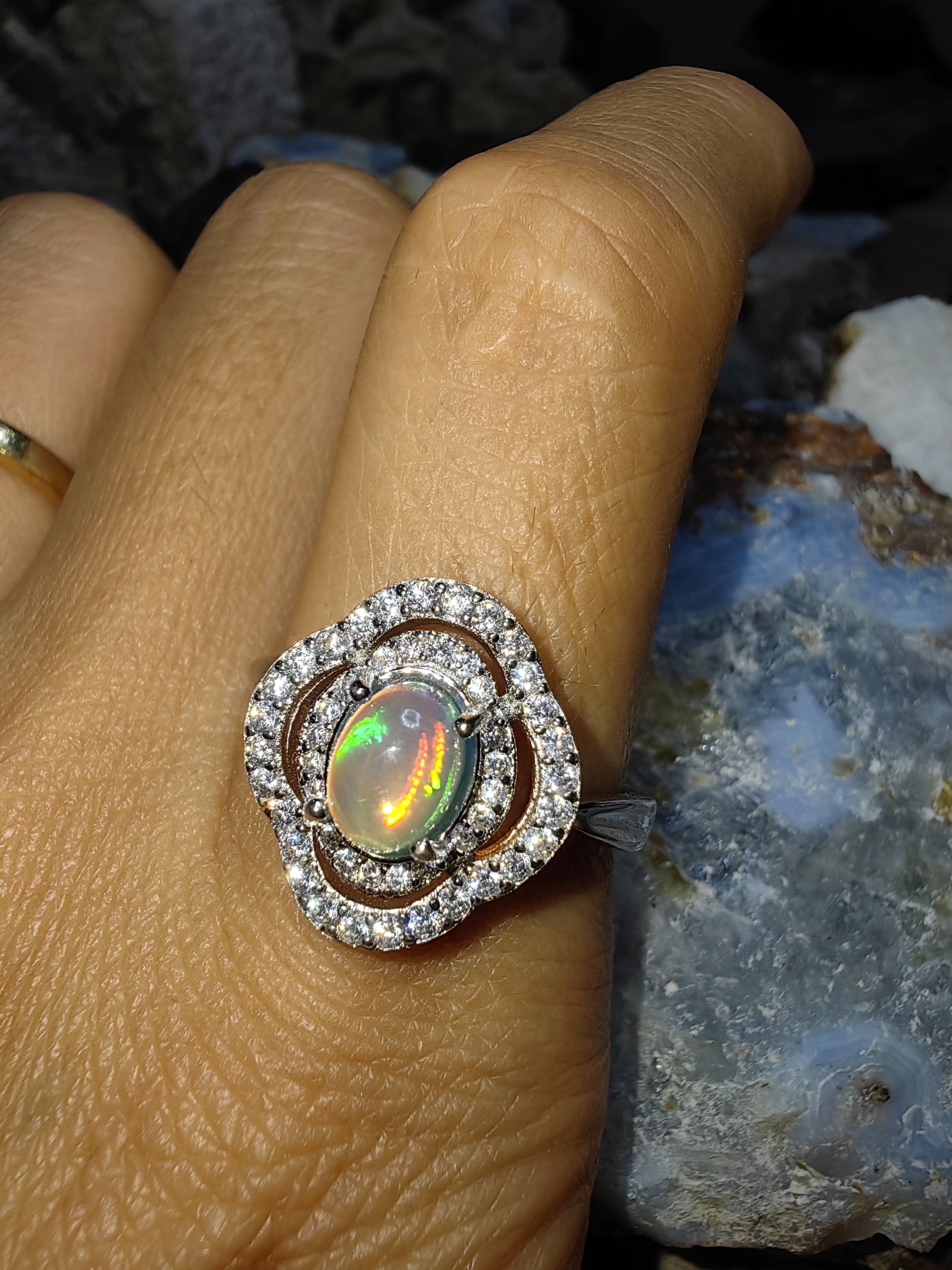 Opal 925 Sterling Silver Ring แหวนโอปอ เงินแท้ 925 Size 57