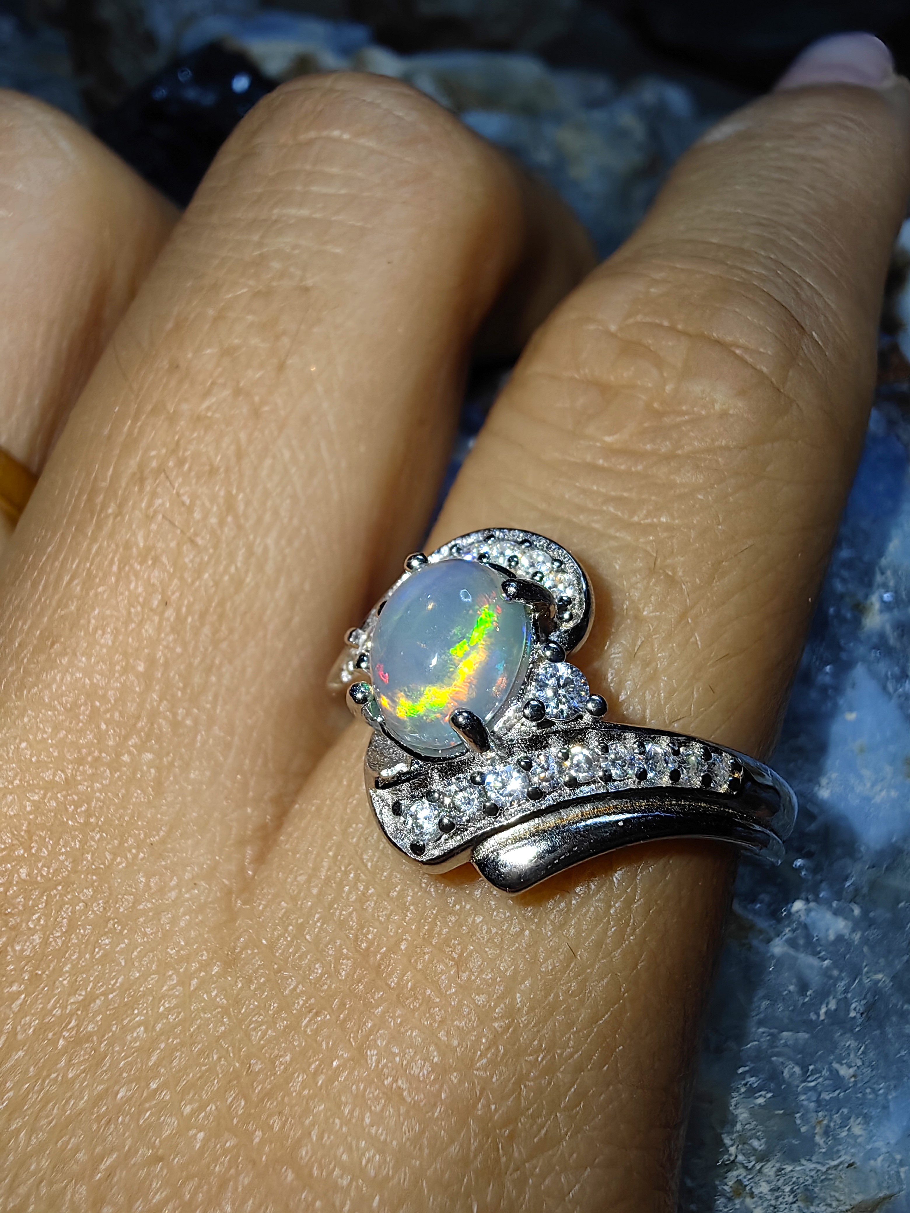 Opal, Swiss Diamond 925 Sterling Silver Ring แหวนโอปอ เพชรสวิส เงินแท้ 925 Size 54