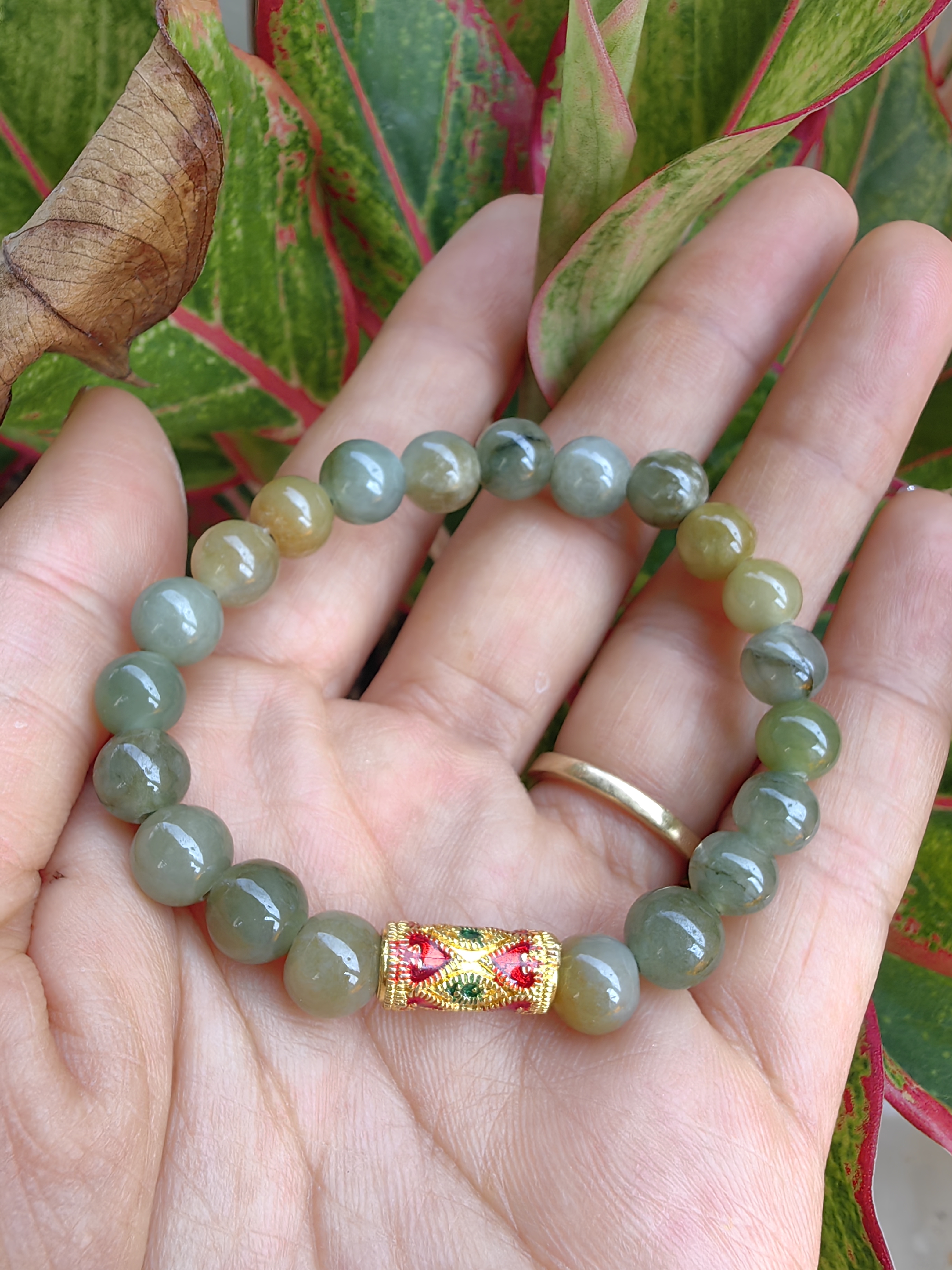 Burmese Jadeite Bracelets Thai Enamel Gold plated 7 mm. สร้อยข้อมือหยกพม่า ลงยาสุโขทัย กลม 7 มม. Free Size