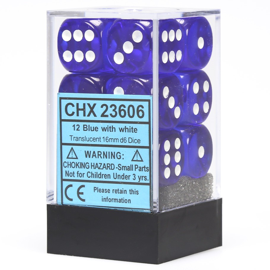 [ลูกเต๋า] Chessex: 12 Blue/White Translucent 16mm D6 Dice