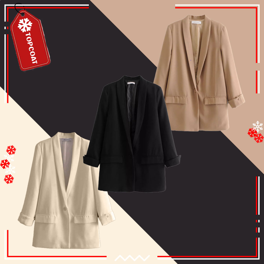 เสื้อสูทเบลเซอร์ ตัวยาว ดีไซน์ปกทรงกล้วยหอม แขน 5 ส่วน ครีม น้ำตาล ดำ