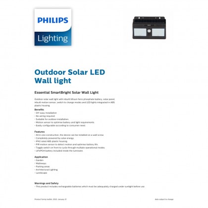 Philips ไฟติดผนังโซล่าเซลล 10W รุ่น BWS010 ฟิลลิป Essential SmartBright SolarWall Light ไฟติดผนังเอนกประสงค์พร้อมแผงโซลาร์