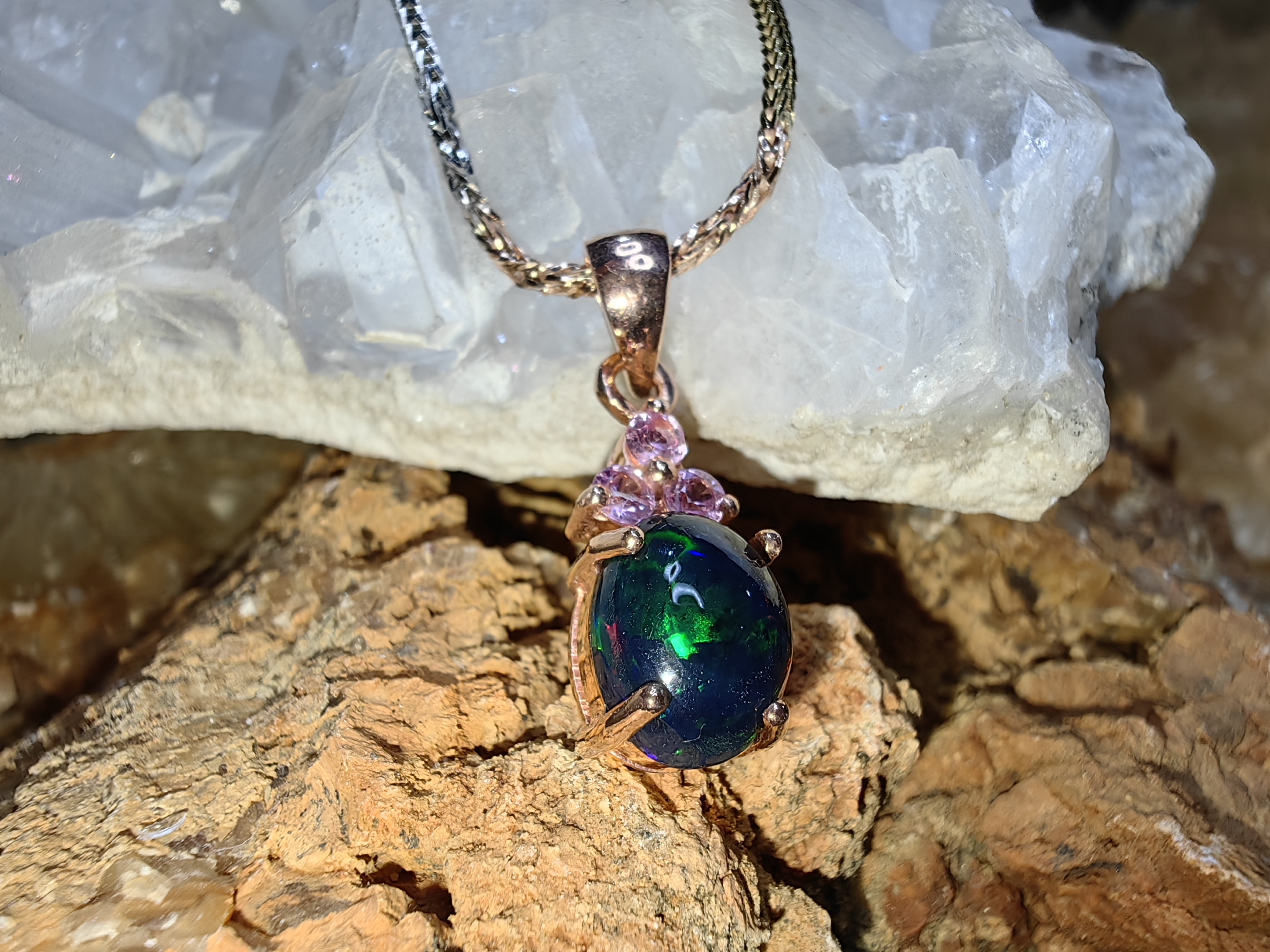 Black Opal Pink Sapphire Pendent 925 Sterling Silver จี้โอปอดำ แซฟไฟร์ชมพู เงินแท้ 925