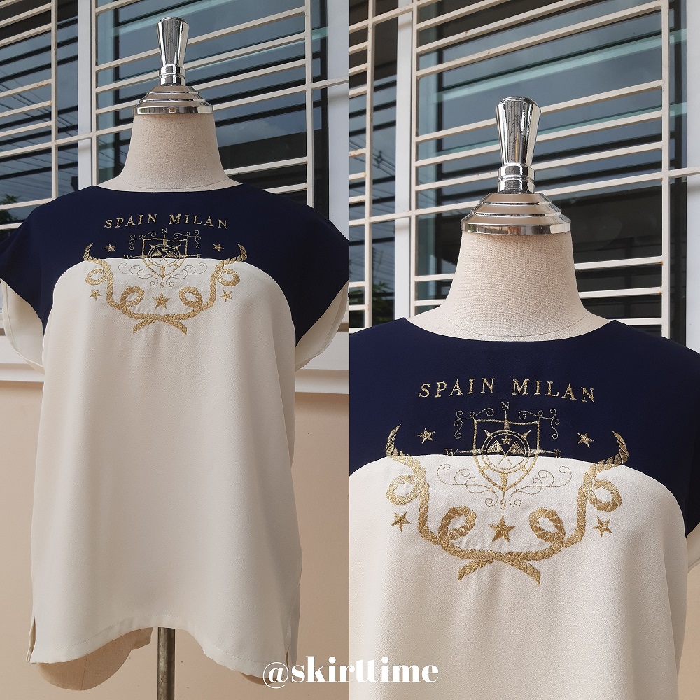 ชุดเซ็ตกระโปรงวินเทจเอวสูงสีกรมท่า กับ เสื้องานปัก navy style