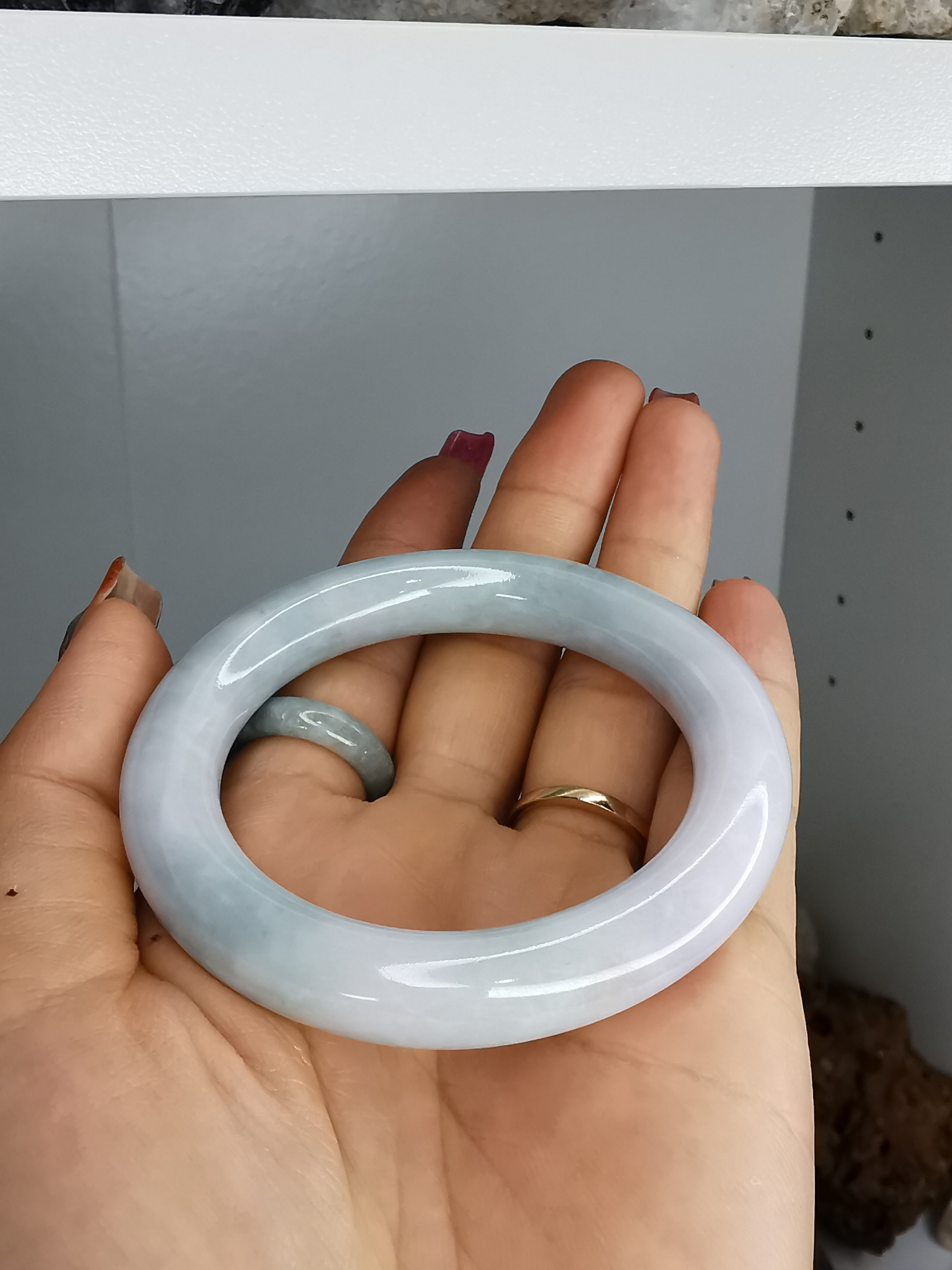 Violet White Green Bangle กำไลหยกเจไดต์แท้ Diameter/ เส้นผ่านศูนย์กลางด้านใน 52 mm.