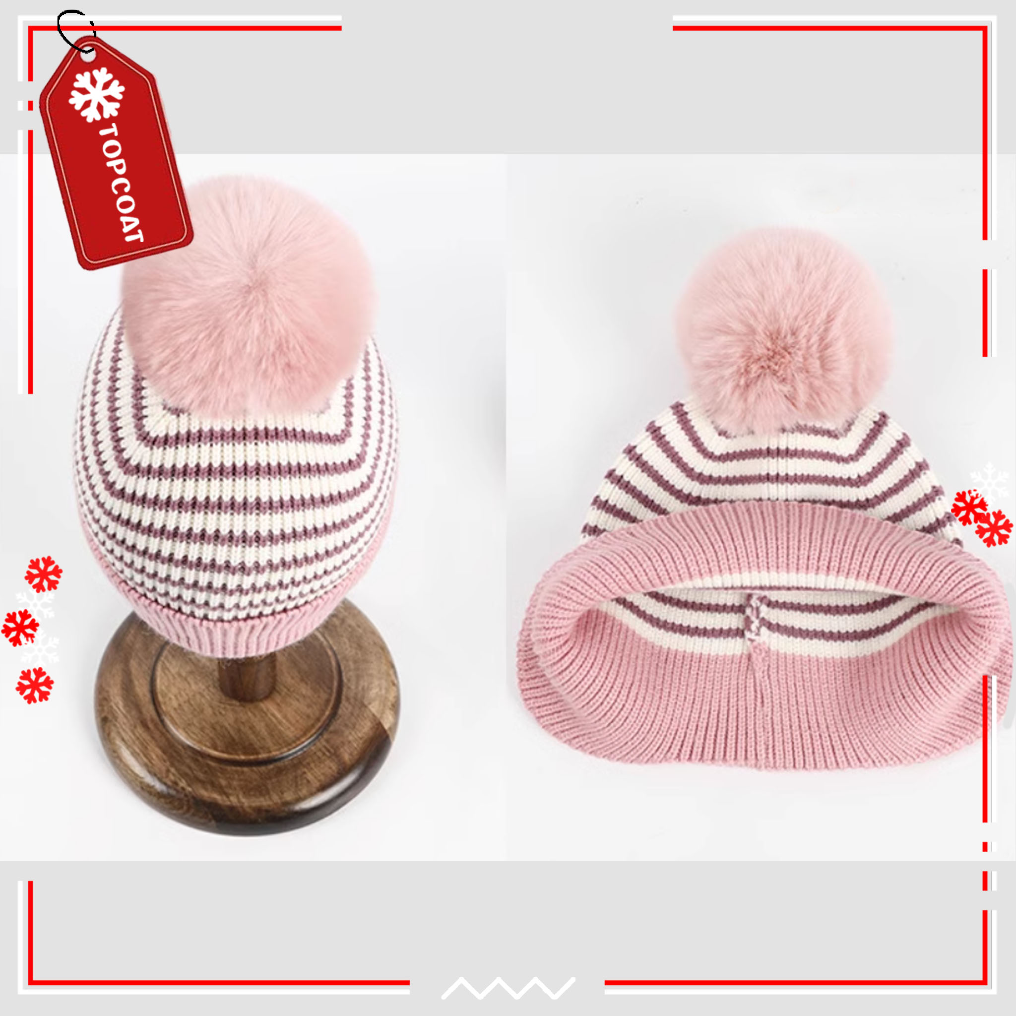 เซ็ทถุงมือ หมวกและผ้าพันคอแบบสวมสำหรับเด็กลายเส้น มีจุกเฟอร์ตกเเต่งที่หมวกและผ้าพันคอ