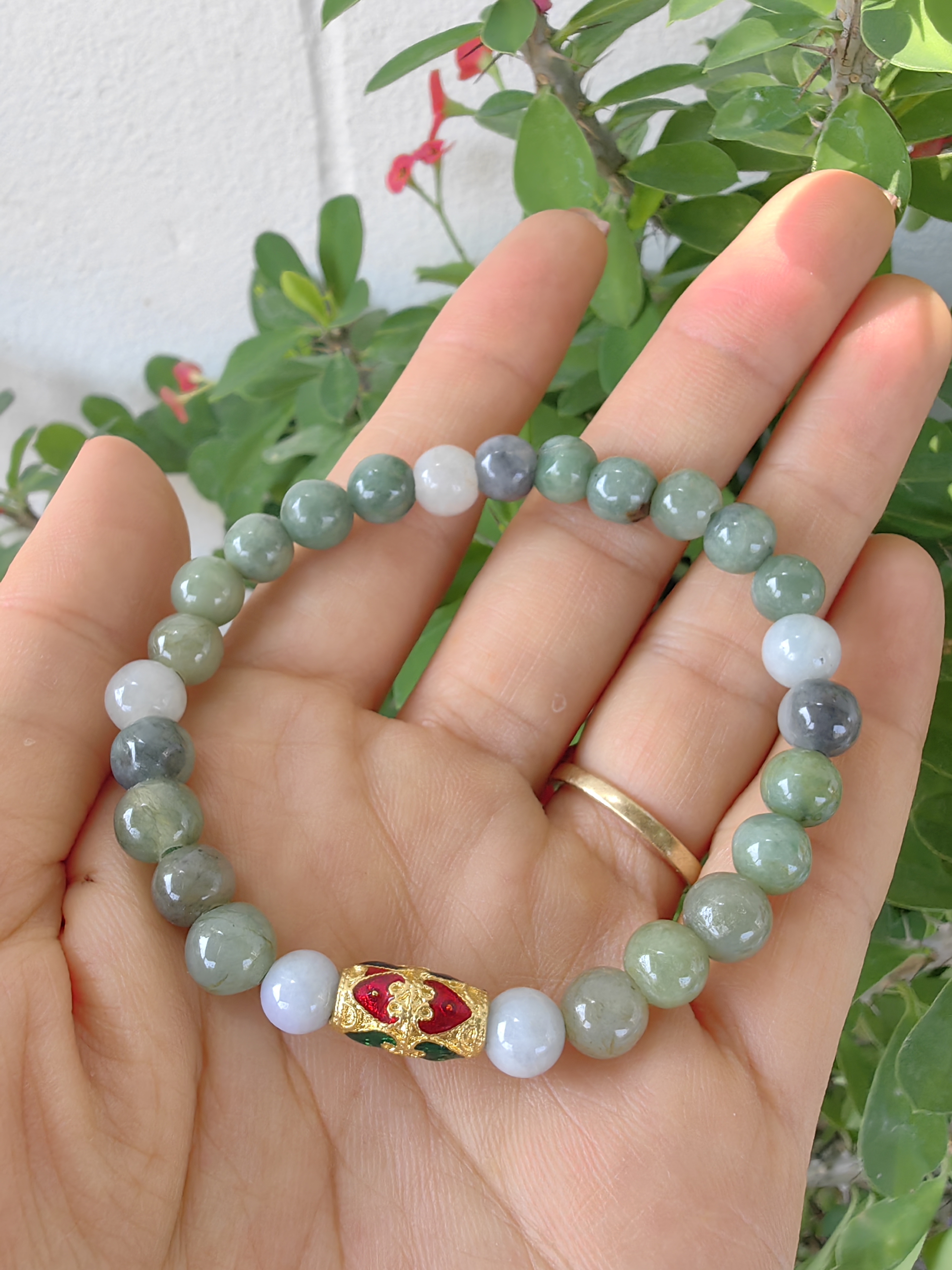 Burmese Jadeite Bracelets Thai Enamel Gold plated 7 mm. สร้อยข้อมือหยกพม่า ลงยาสุโขทัย กลม 7 มม. Free Size