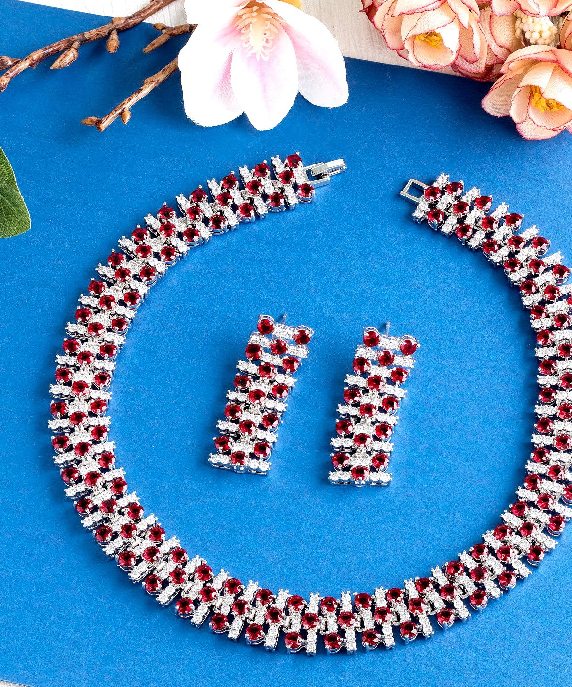 RUBY DIAMOND 18K WHITE GOLD NECKLACE EARRING สร้อยคอ ต่างหู ทับทิม ล้อมเพชร ทอง 18K Pre-order