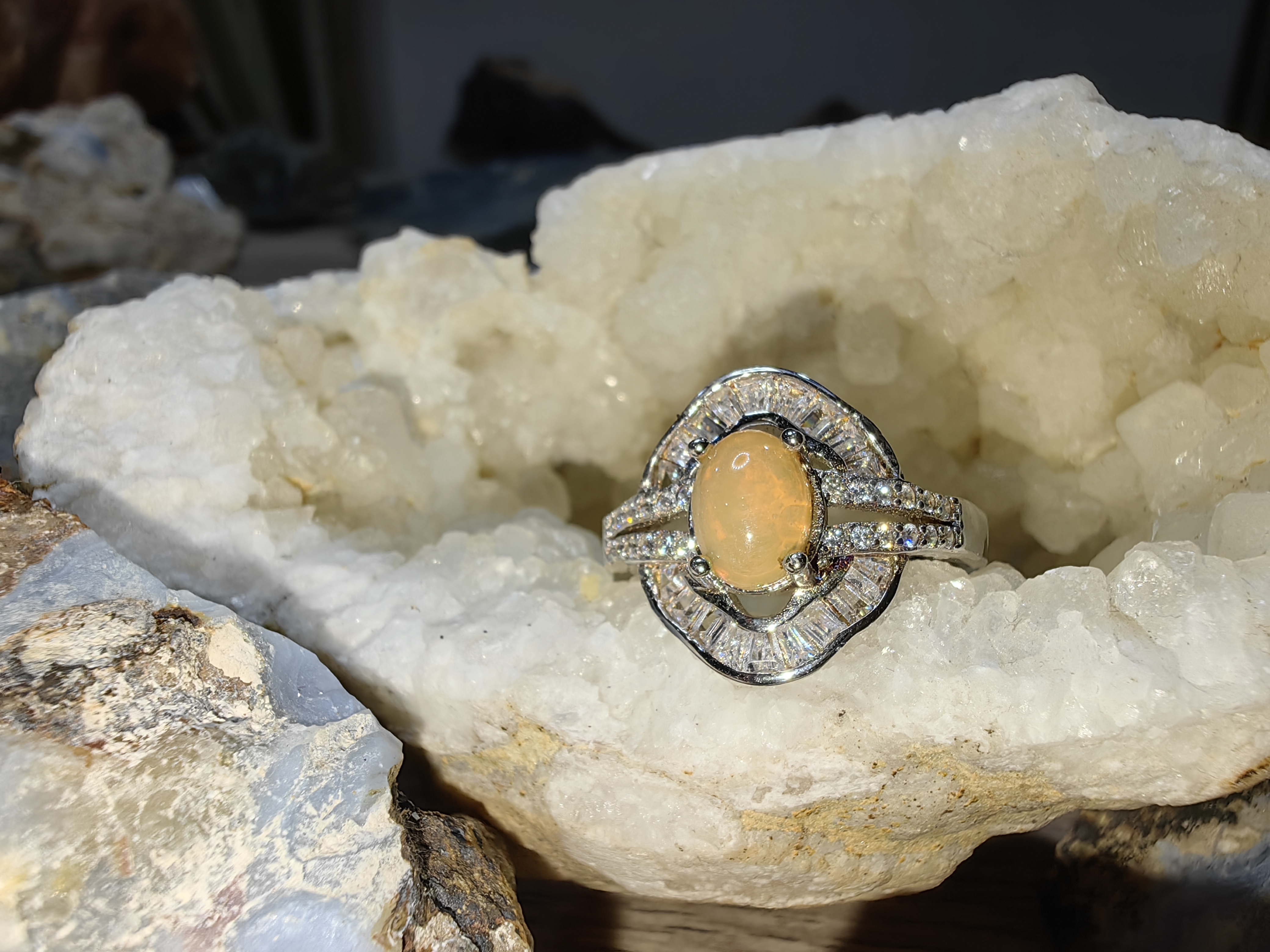 Opal, Swiss Diamond 925 Sterling Silver Ring แหวนโอปอ เพชรสวิส เงินแท้ 925 Size 52
