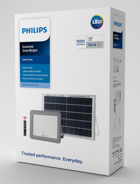 Philips สปอร์ตไลท์โซล่าเซลล์ รุ่น BVC080 60W 90W 150W แสงส้ม WARMWHITE โคมโซล่าเซลล์ Solar Flood Light Essential SmartBright ประกัน สินค้า1ปี มี3ขนาด 60W/90W/150W