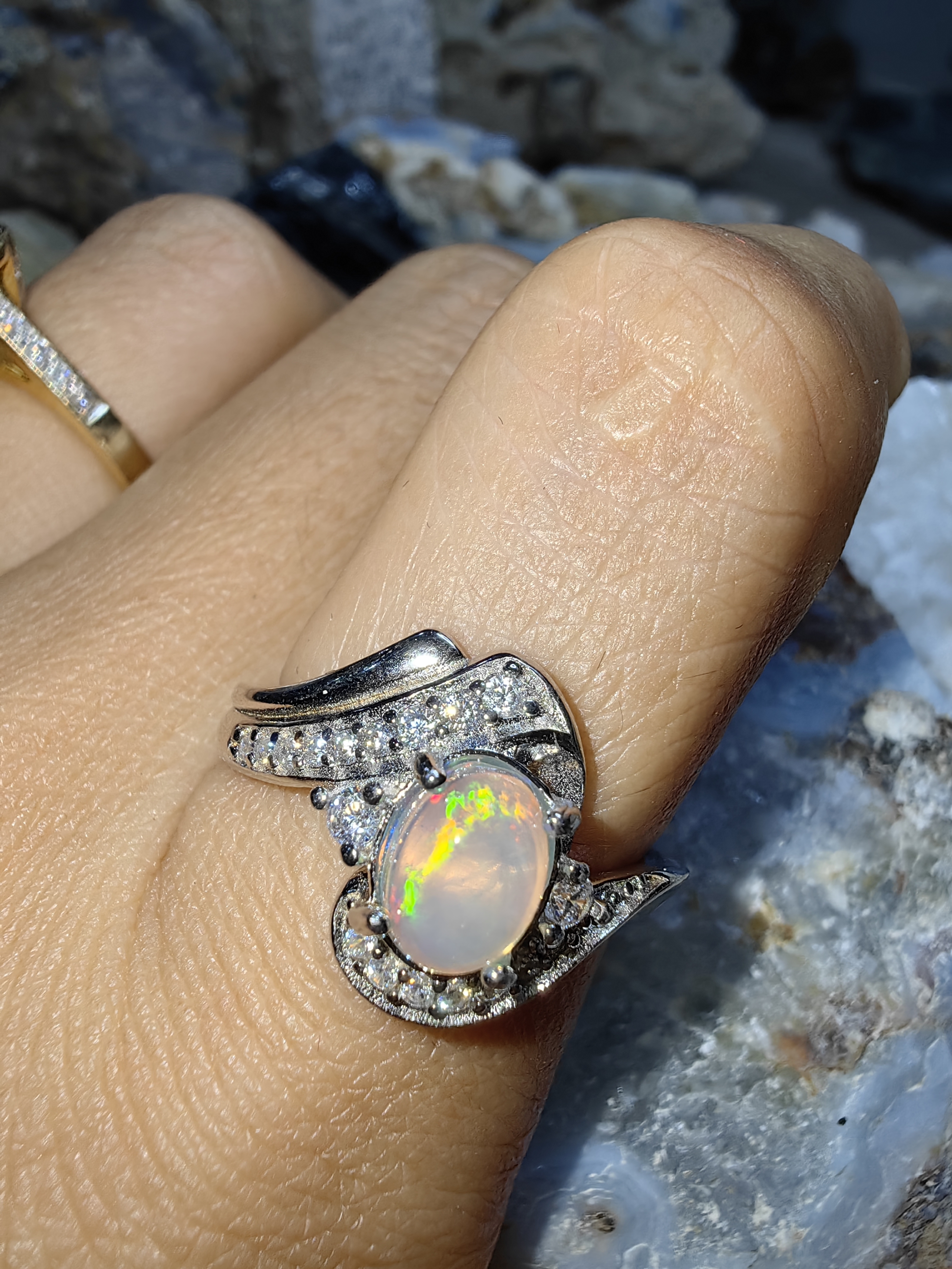 Opal, Swiss Diamond 925 Sterling Silver Ring แหวนโอปอ เพชรสวิส เงินแท้ 925 Size 54