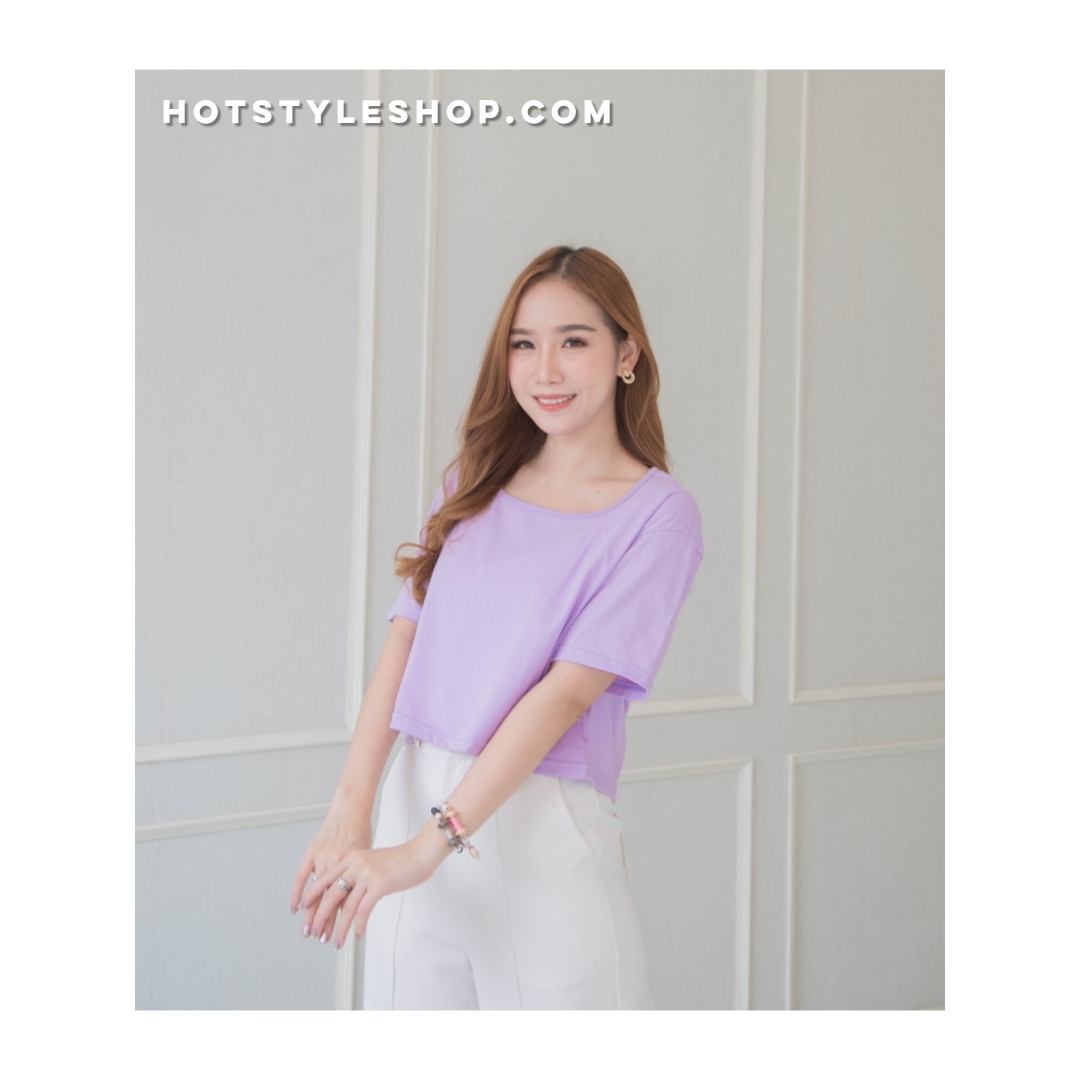 เสื้อครอปคอเหลี่ยม แขนสั้น สีพาสเทล