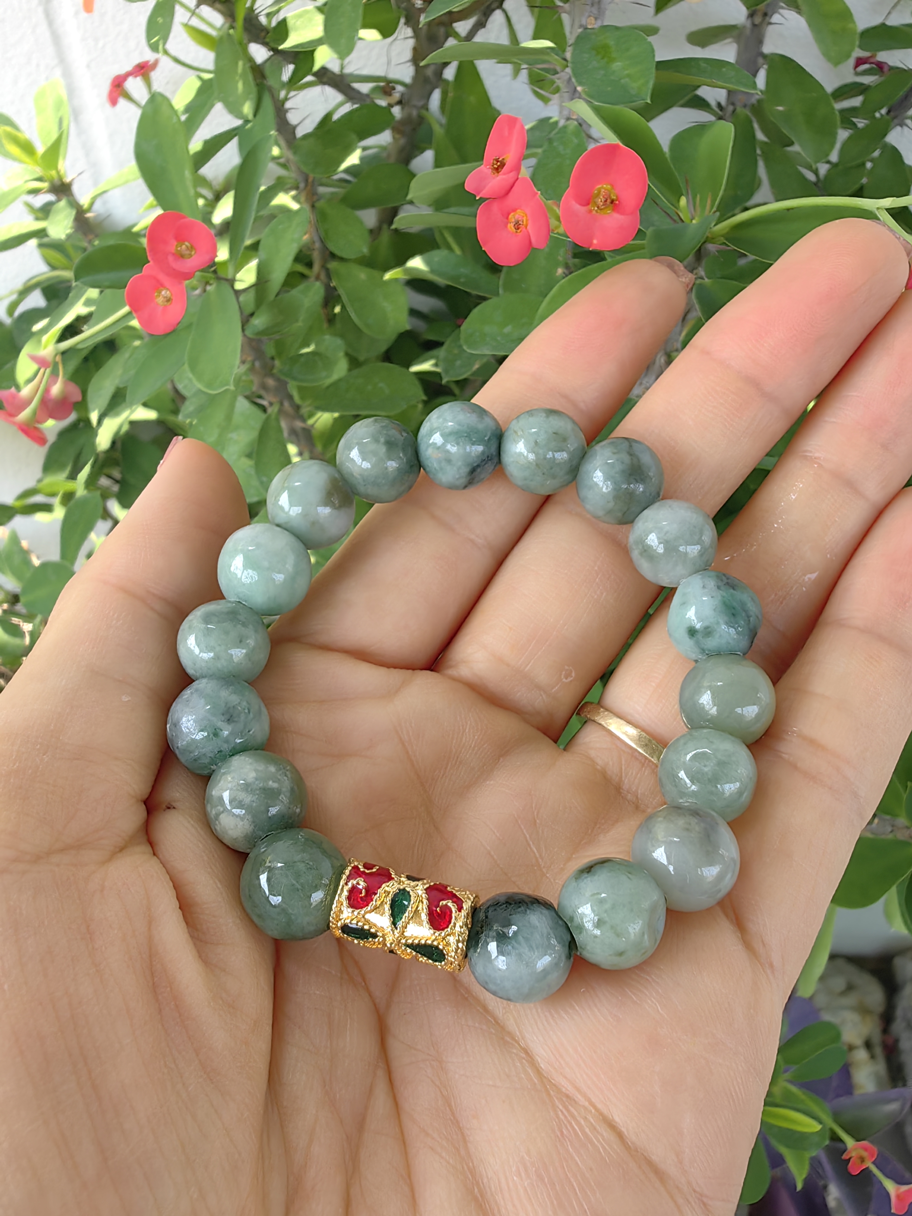 Burmese Jadeite Bracelets Thai Enamel Gold plated 10 mm. สร้อยข้อมือหยกพม่า ลงยาสุโขทัย กลม 10 มม. Free Size