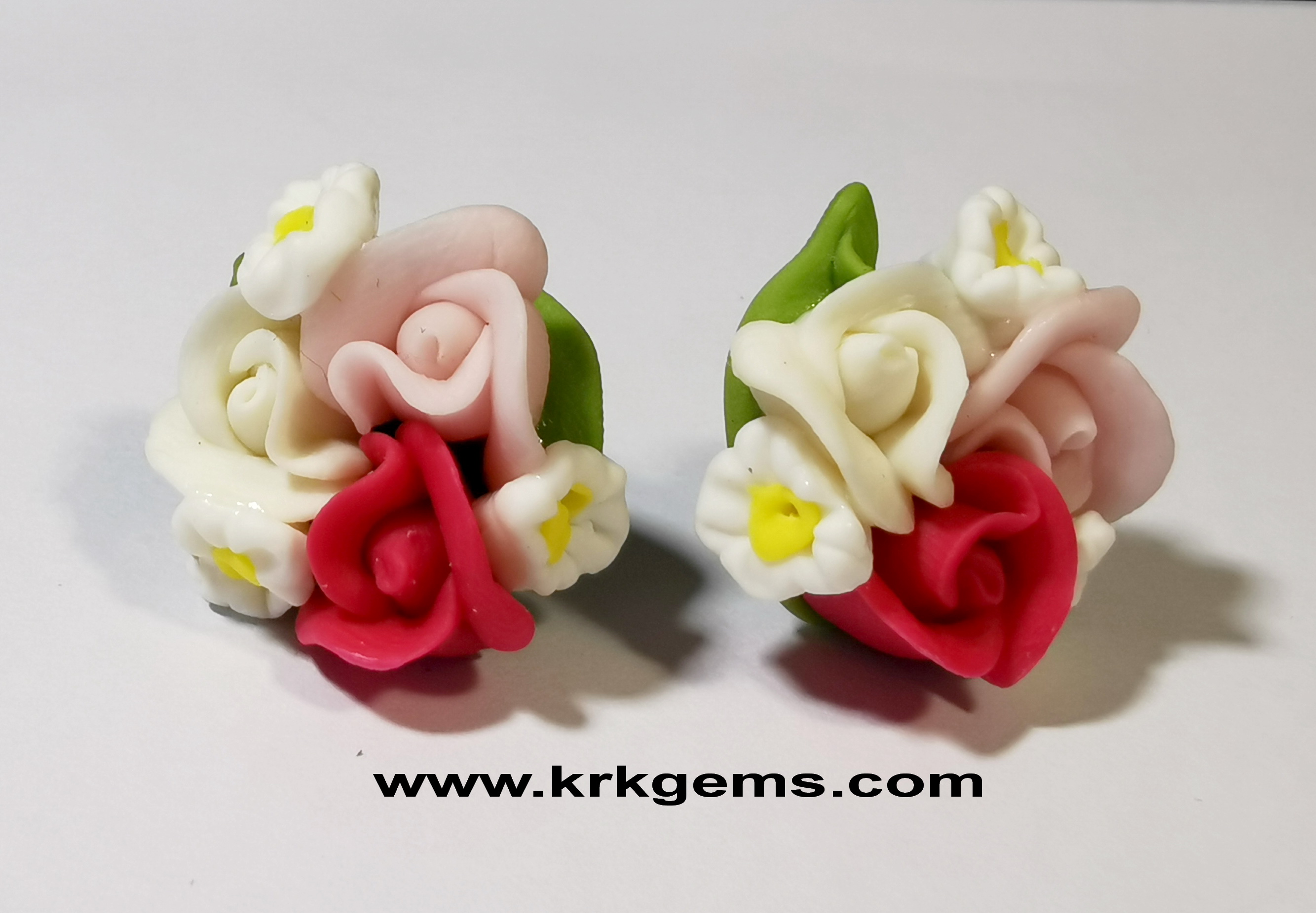 DEEP &PASTEL PINK WHITE 3ROSE HANDMADE CLAY EARRING