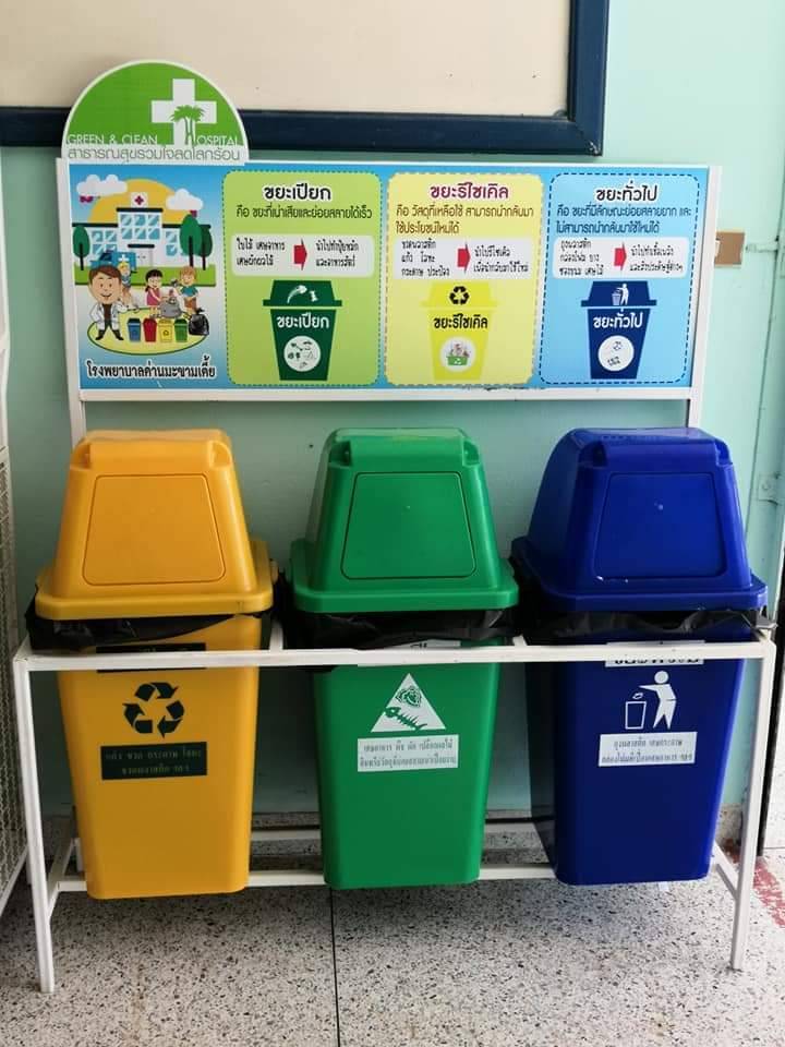 แท่นวางถังขยะแยกประเภท 60 ลิตร ขนาด 3 ช่อง มีแผงป้ายด้านหลัง