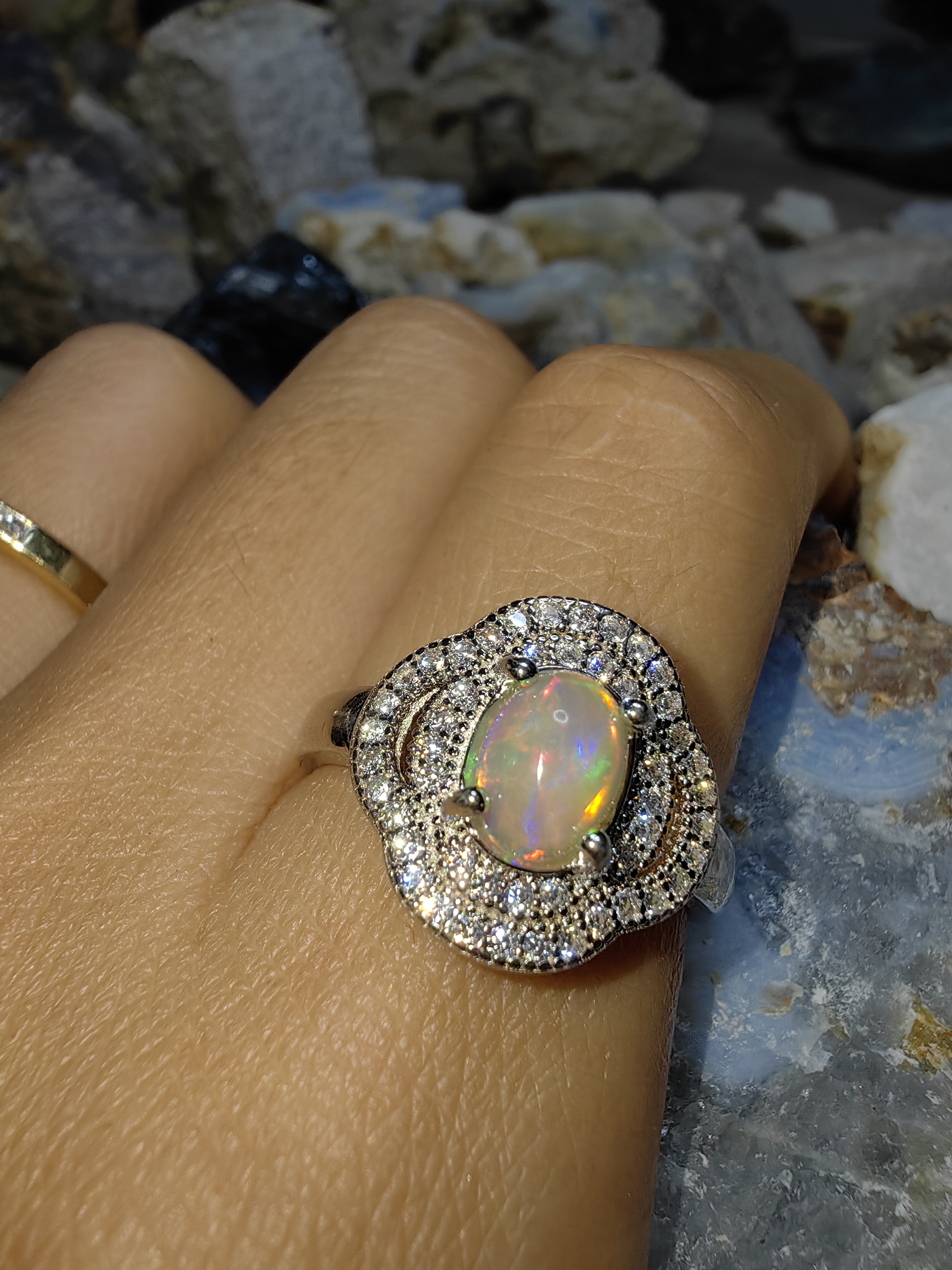 Opal, Swiss Diamond 925 Sterling Silver Ring แหวนโอปอ เพชรสวิส เงินแท้ 925 Size 56