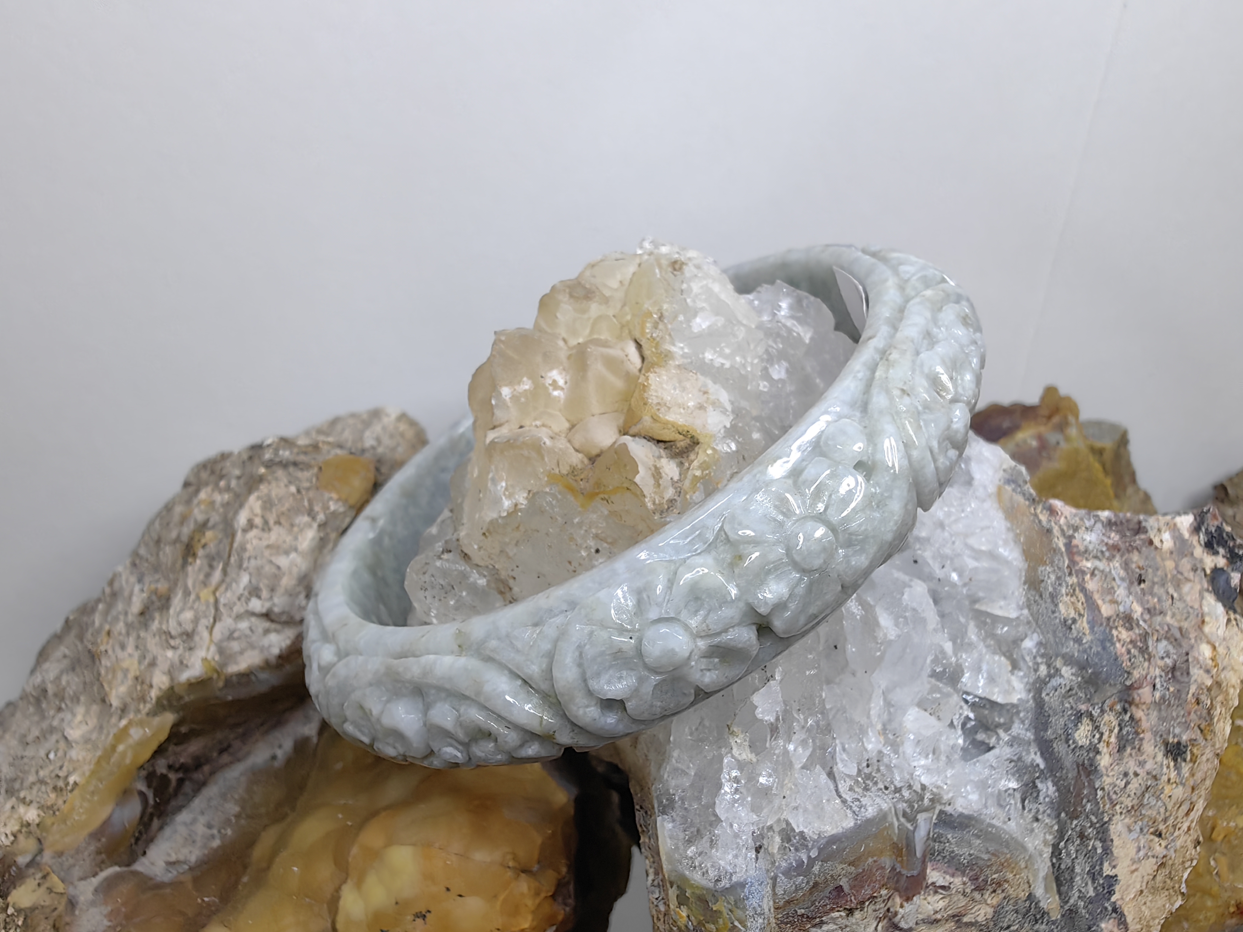 Carved Burmese Jadeite Bangle Size 62