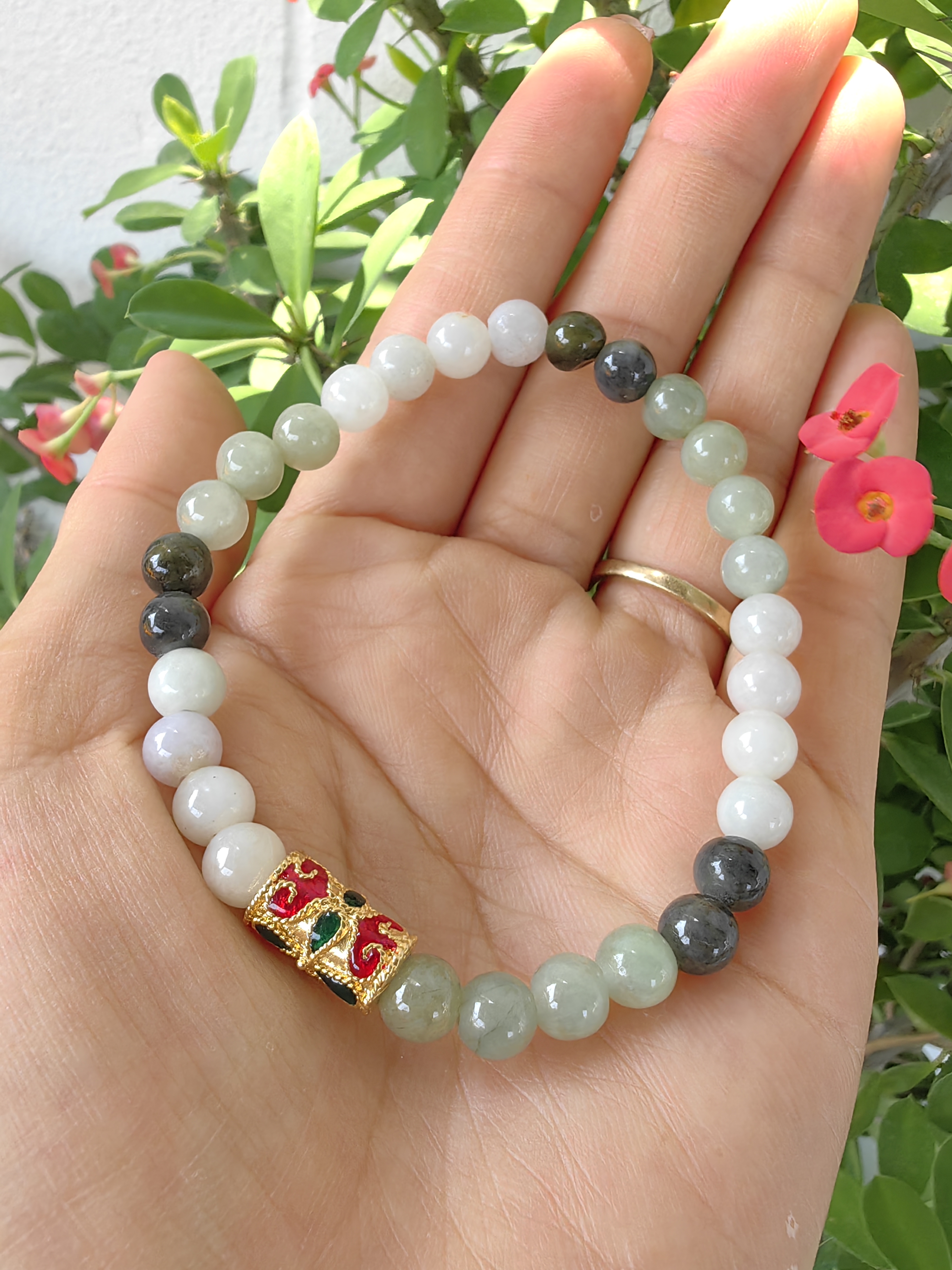 Burmese Jadeite Bracelets Thai Enamel Gold plated 7 mm. สร้อยข้อมือหยกพม่า ลงยาสุโขทัย กลม 7 มม. Free Size